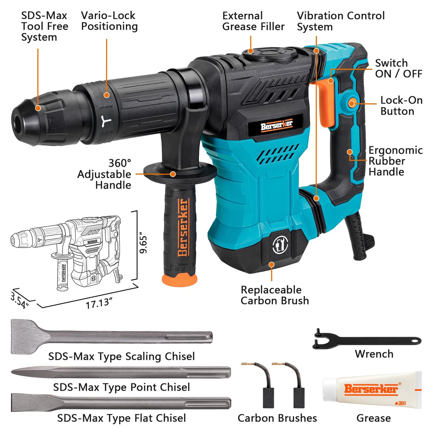 Berserker 1300W 12-Pound SDS-Max Demolition Jack Hammer, 1-9/16" 11-Amp Small Corded Electric Demo Chipping Hammer for Floor Tile Removal, Concrete Breaker with Carrying Case & 3 Chisels
