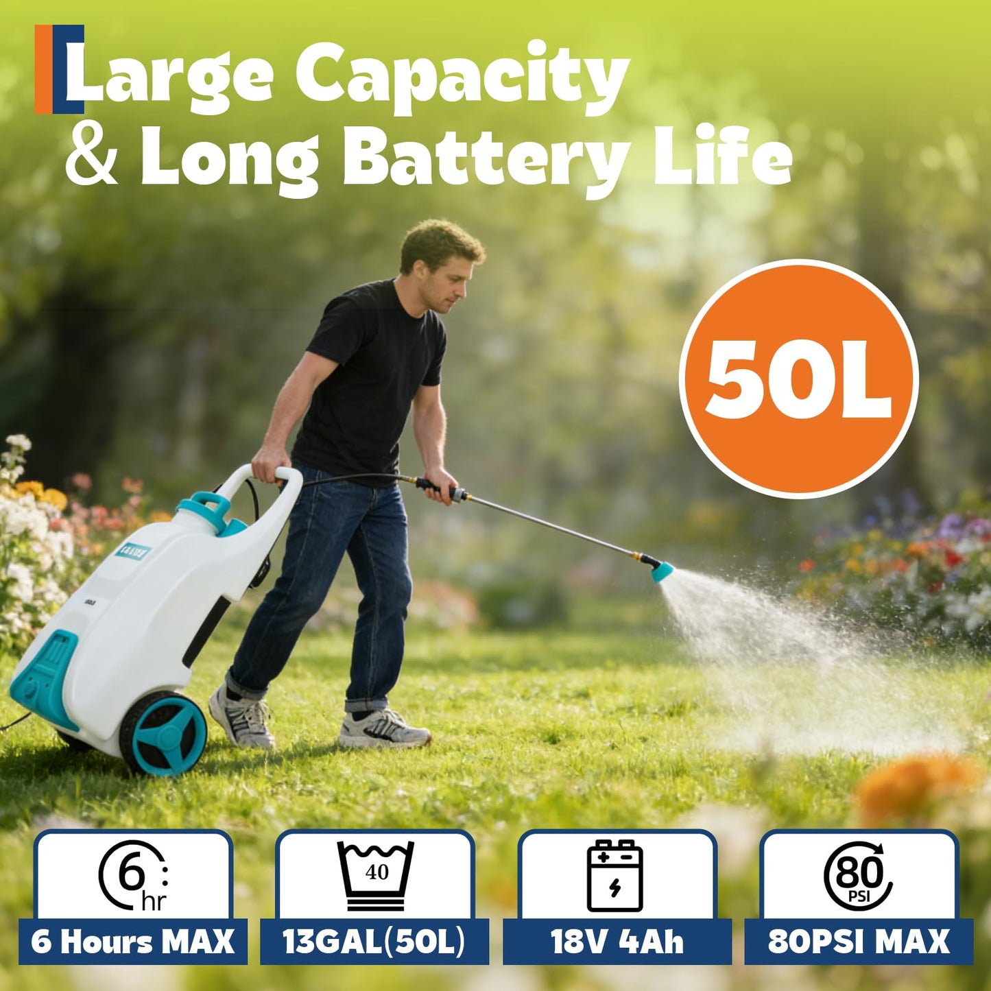 Garvee 13 Gallons Battery Powered Sprayer with Wheeled Cart, 18V 4Ah Electric Sprayer with 6 Nozzles & 2 Wands, 4-6 Hour Runtime, 80PSI Adjustable Pressure, Trigger Lock, Yard Sprayers for Lawn