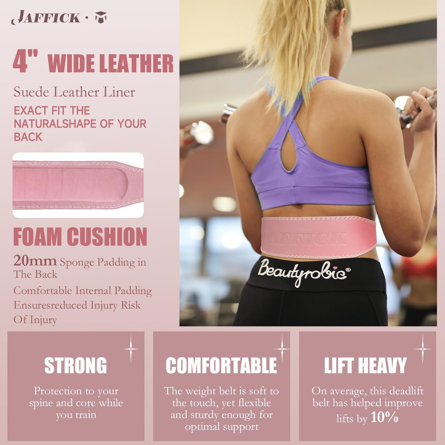 Jaffick Weight Lifting Belt For Ladies (4" Wide) - 100% Pink Leather Gym Belts Lower Waist Back Support For Women Men Fitness Squat Deadlift Heavy Duty Cross Training Gym Powerlifting Workout