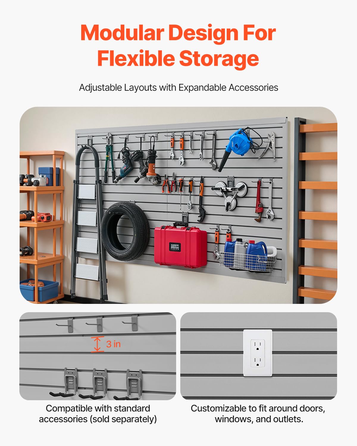 VEVOR Slat Wall Paneling, 8 x 4 ft, PVC Garage Slatwall with Accessories, Grey Slat Wall Easy-to-Install Adjustable Slatwall Panel with Coupling Structure & DIY Cutting, Fits for Storage & Display