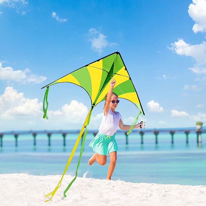 JOYIN 3 Packs Large Delta Kite Green, Blue and Rainbow, Easy to Fly for Kids with 262.5 ft String, Large Delta Beach Kite for Outdoor Games and Activities