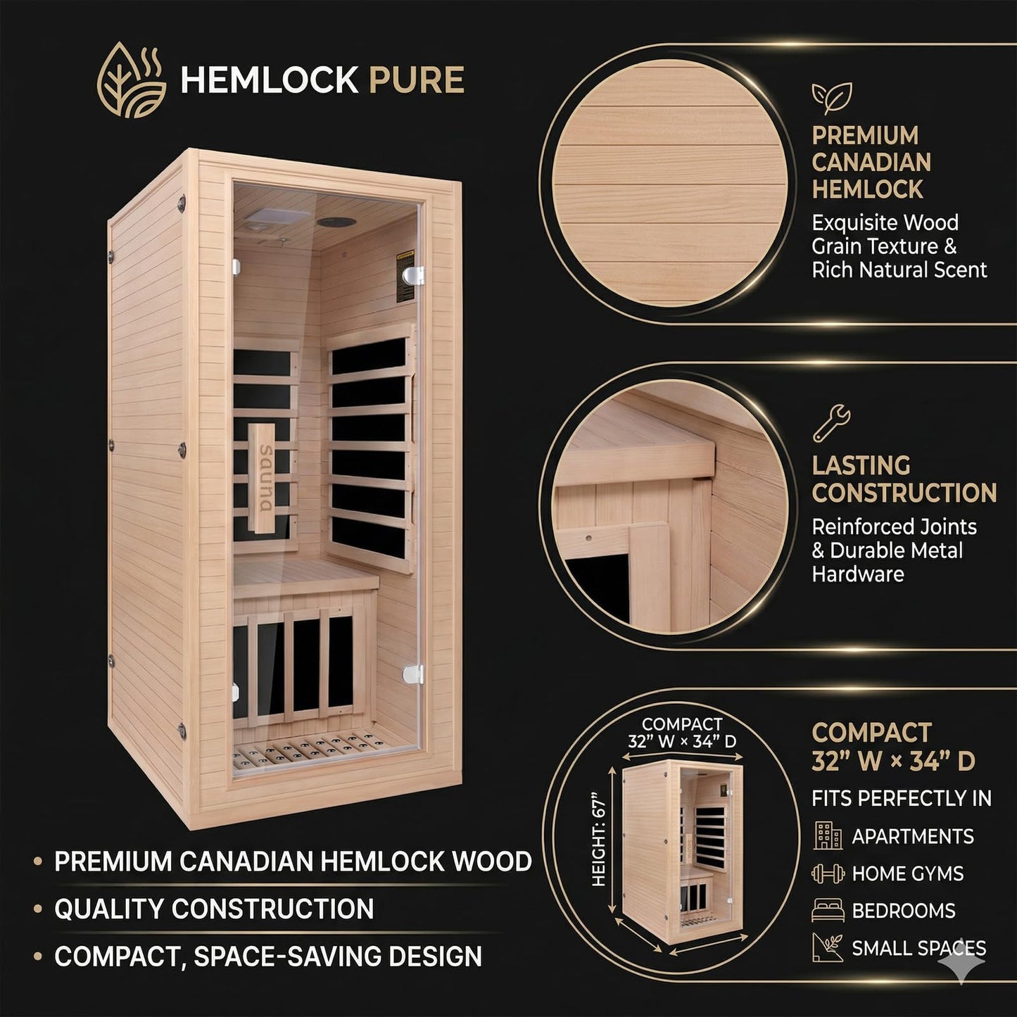 Homsido 1-Person Far Infrared Sauna, Canadian Hemlock Wood, 1200W 5-Panel Heat, 7-Color Ambient Light & Oxygen Bar, Bluetooth, 149°F Max Temp, Personal Home Sauna for Gym/Apartment, 32"x34"x67"