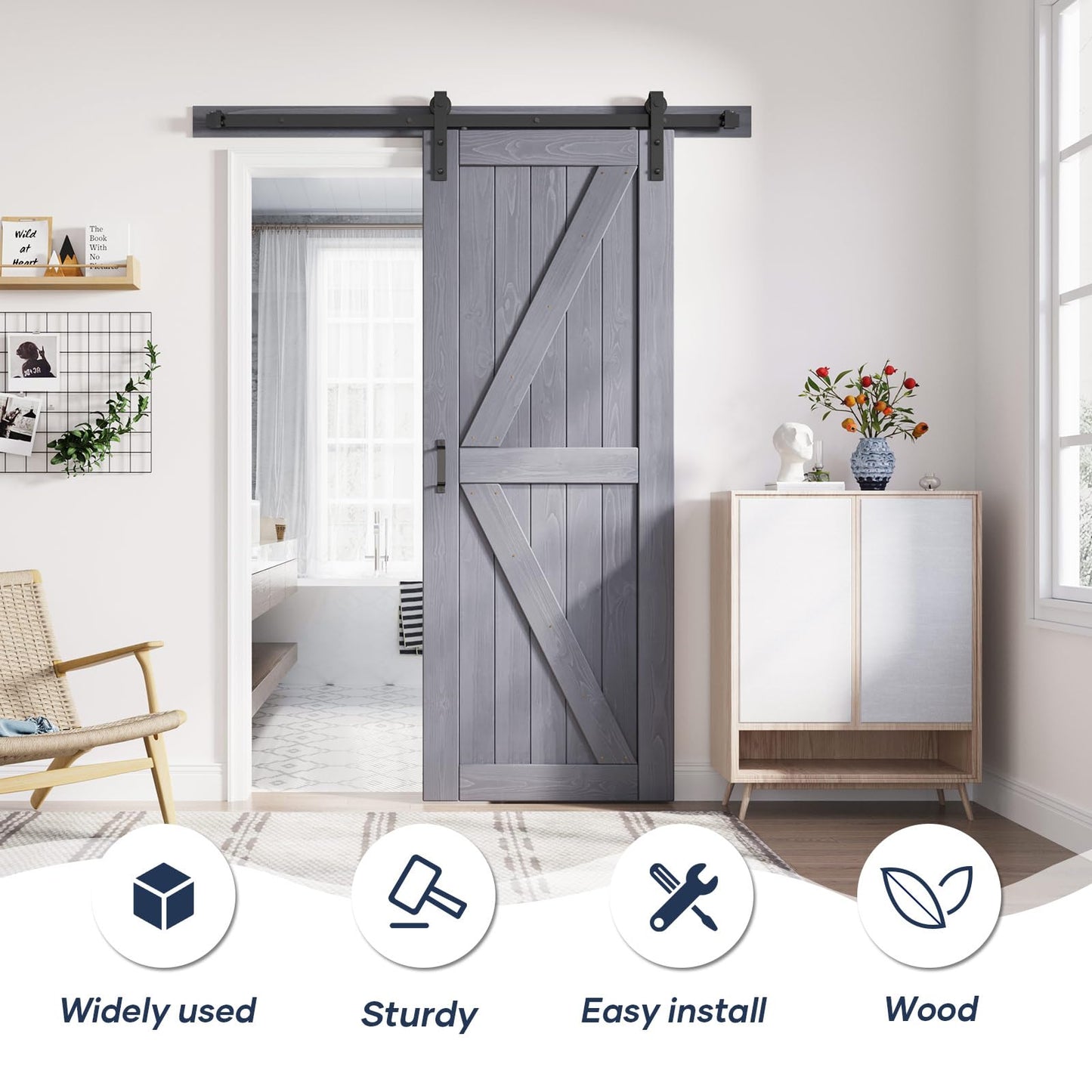 FREDBECK 32in x 80in Gray Wood Barn Door Slab with 5.5ft (66inch) Barn Door Hardware Track Kit Included, Double Surfaces,Simple Assembly is Required,K-Frame,Grey