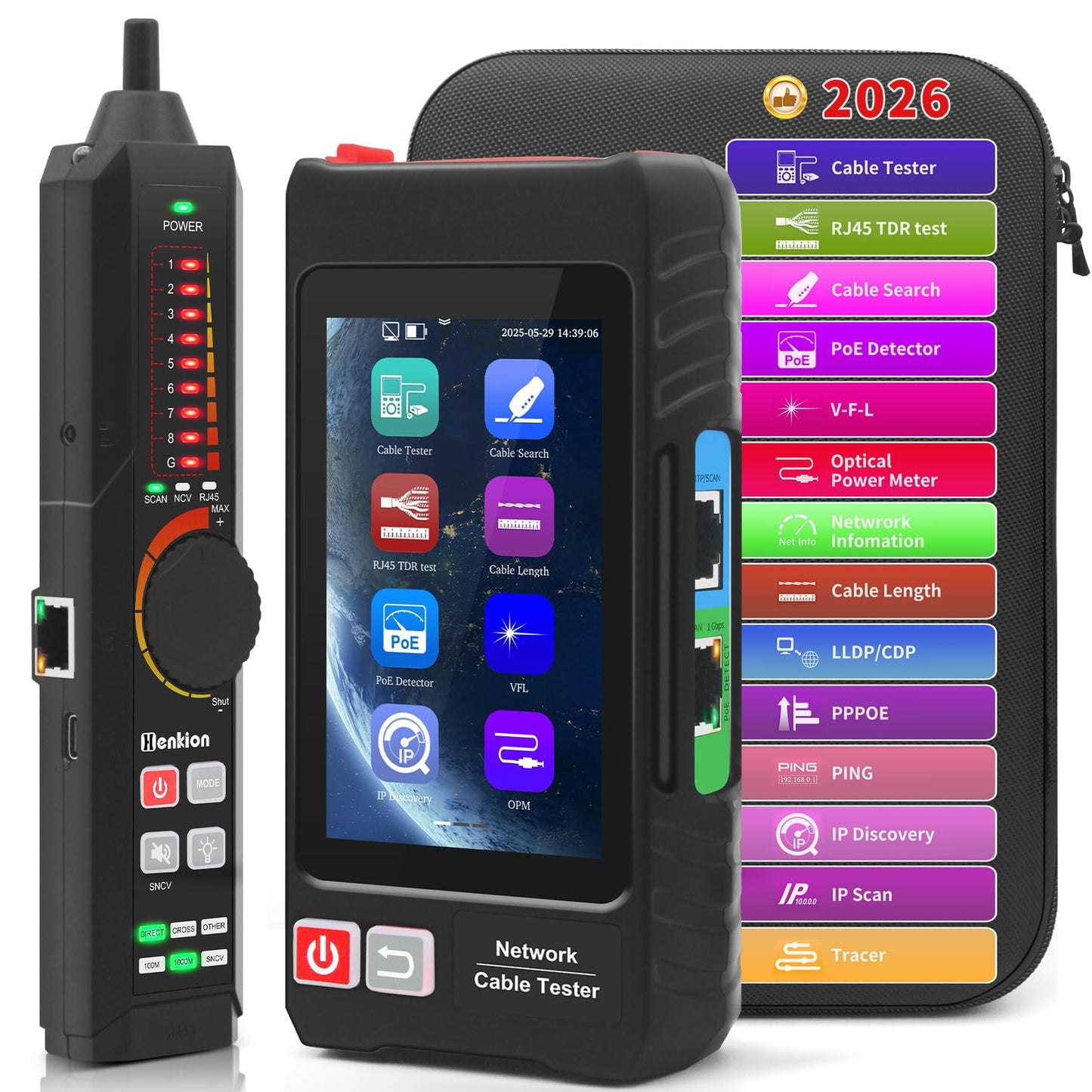 Multifunction RJ45 Network Caber Tester, 4" IPS Touch Screen UTP Cable Tester,Rechargeable Ethernet Cable Tracer,Support Network Tools, POE++ Detect,Cable Length Meter,RJ45 TDR Test,NCV,FTP (LT-600S)