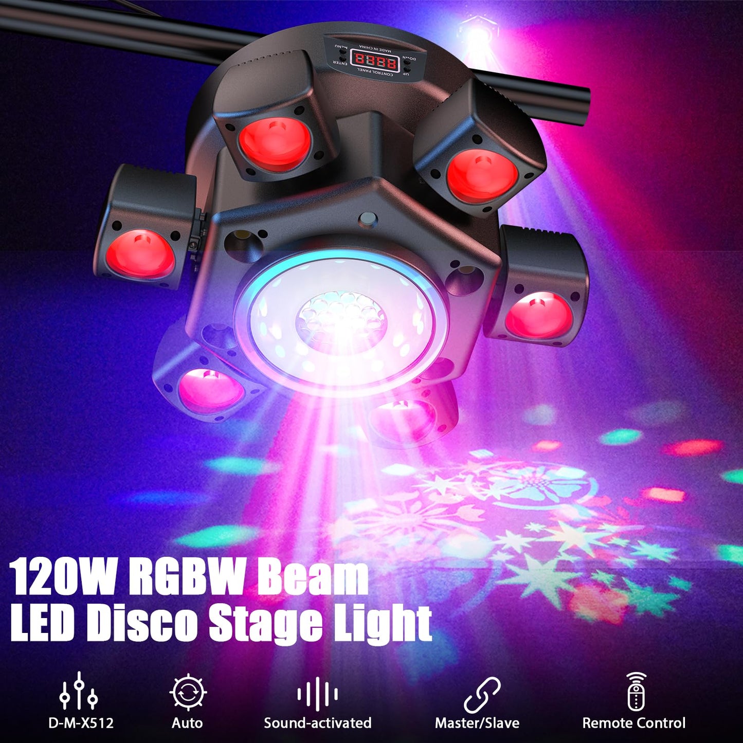 Moving Head DJ Lights 120W 6 Arms 4 in 1 Stage Lights with RGBW Beam,Red Green Starry,Pattern Projection Strobe Effects,Sound Activated DMX512 & Remote for Party Disco Club Wedding Bar