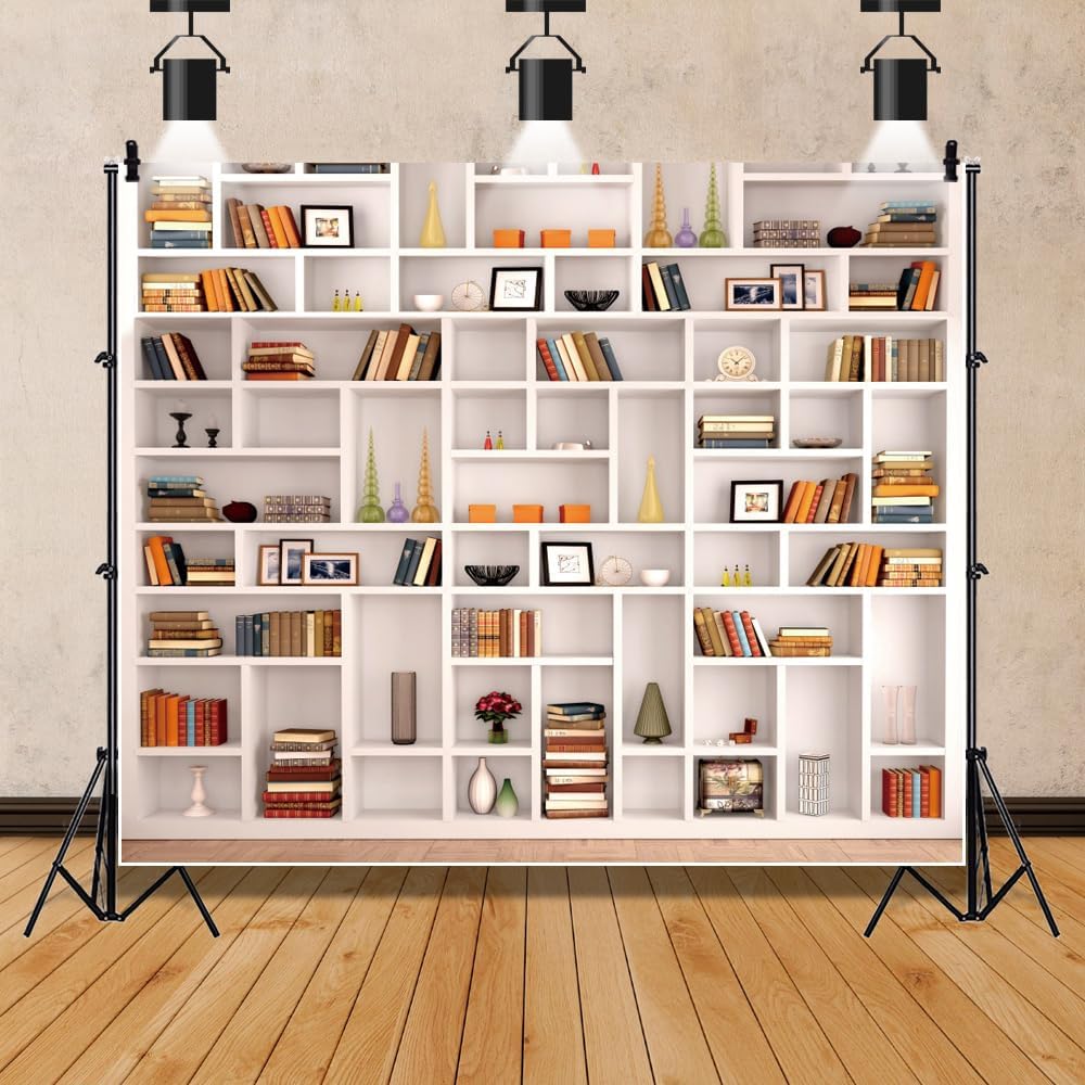 Leowefowa 10x8ft White Bookshelf Photography Backdrop Morden Library Bookcase Background Home Office Room Books Study