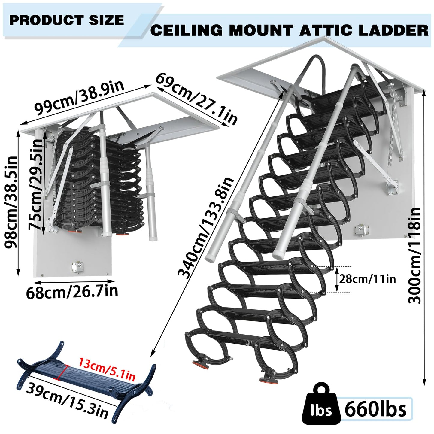 12 Steps Ceiling Mounted Attic Ladder, Retractable Pull Down System Attic Stairs, Telescopic Loft Stairs with Pull Rod, Ceiling Folding Loft Ladder with Handrail for Basement (Black, Steps 12)