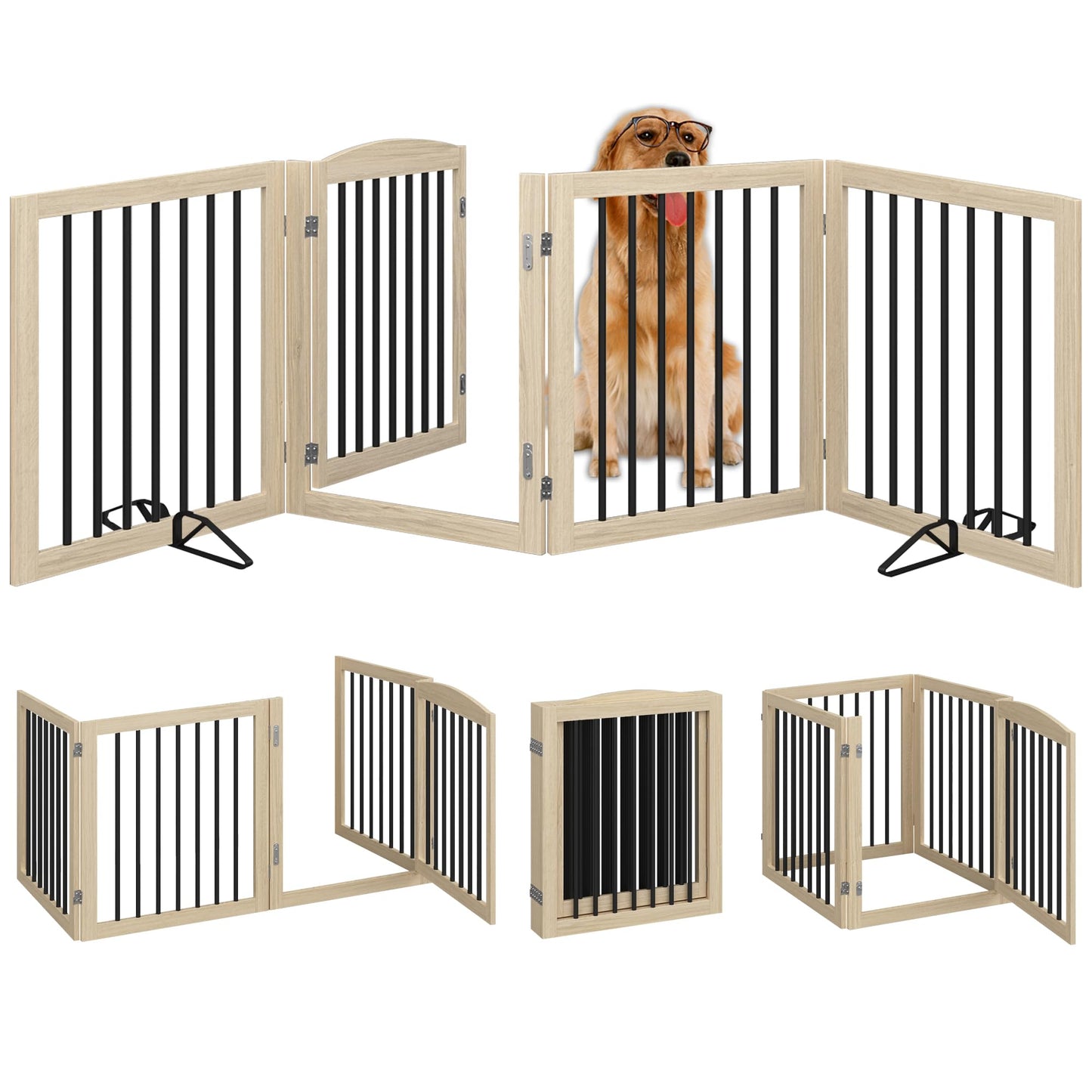 Vantas Folding Pet Gate 96" Wide, 30" Tall No-Assembly Wooden Dog Gate with Door Walk Through, Freestanding Puppy Safety Fence, with 2PCS Support - Natural White