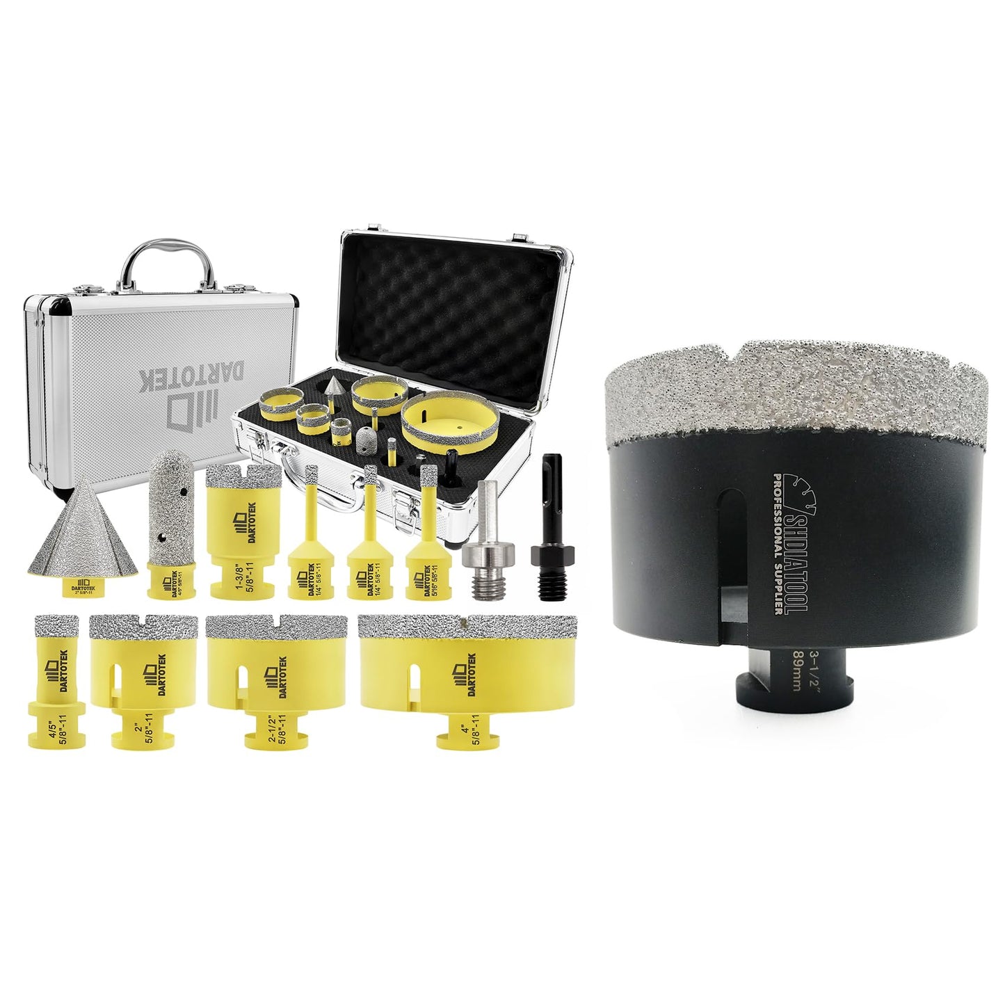 Diamond Core Drill Bits Set 12PCS - DARTOTEK Tile Hole Saw Kit (6/6/8/20/35/50/65/100/20mm/2/SDS/HEX for Porcelain, Ceramic Tile, Granite, Marble, Masonry