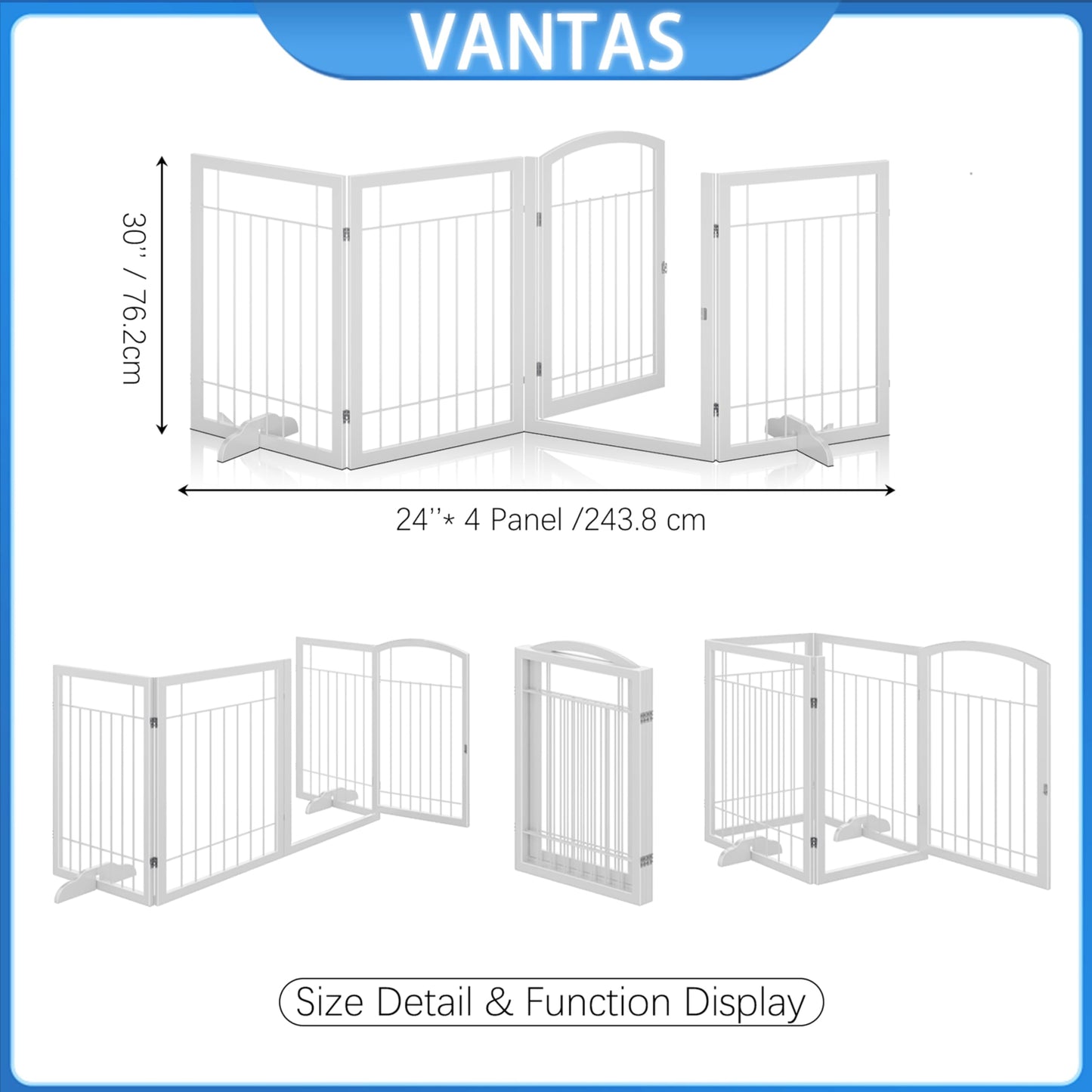 Vantas Folding Pet Gate 96" Wide, 30" Tall No-Assembly Metal Dog Gate with Door Walk Through, Freestanding Wire Pet Puppy Safety Fence, with 2PCS Support - White