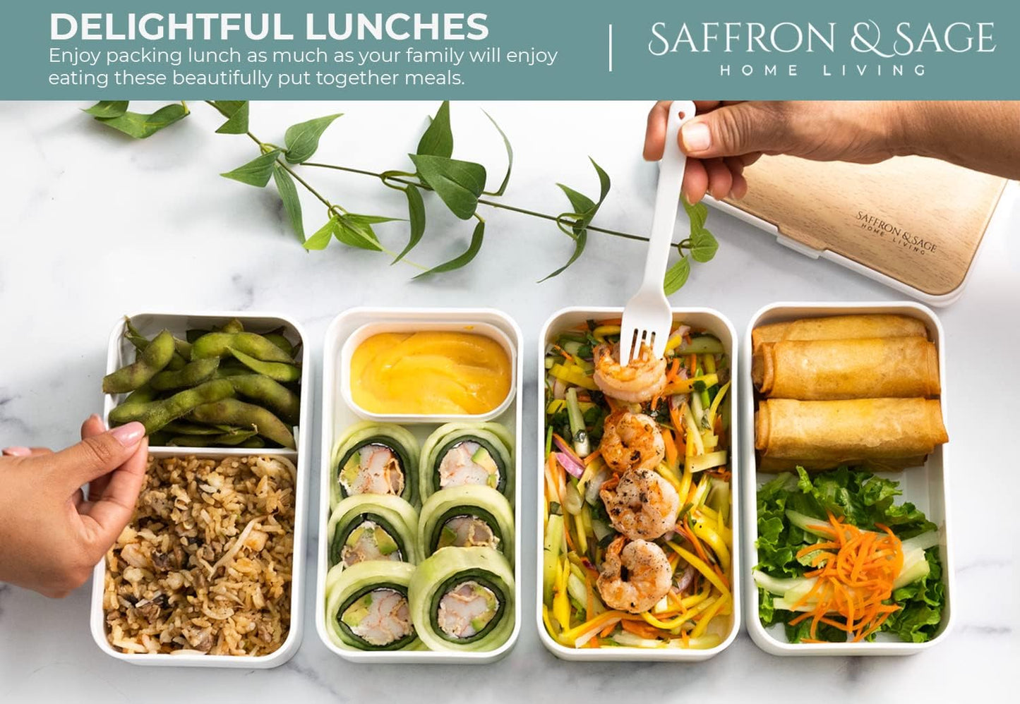 Saffron & Sage Bento Lunch Box - 42oz White Japanese Style Box with Cutlery & Bag | Leak-Proof & Microwave Safe