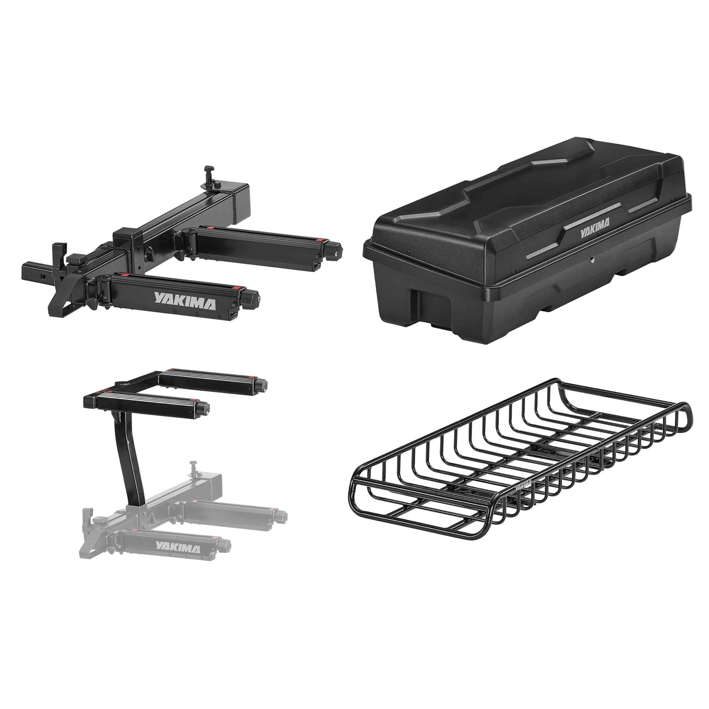 Yakima EXO SwingBase Hitch Rack Bundled with EXO GearLocker Rooftop Box, EXO TopShelf Hitch Base Rack Storage, and EXO GearWarrior Basket Mount, Black