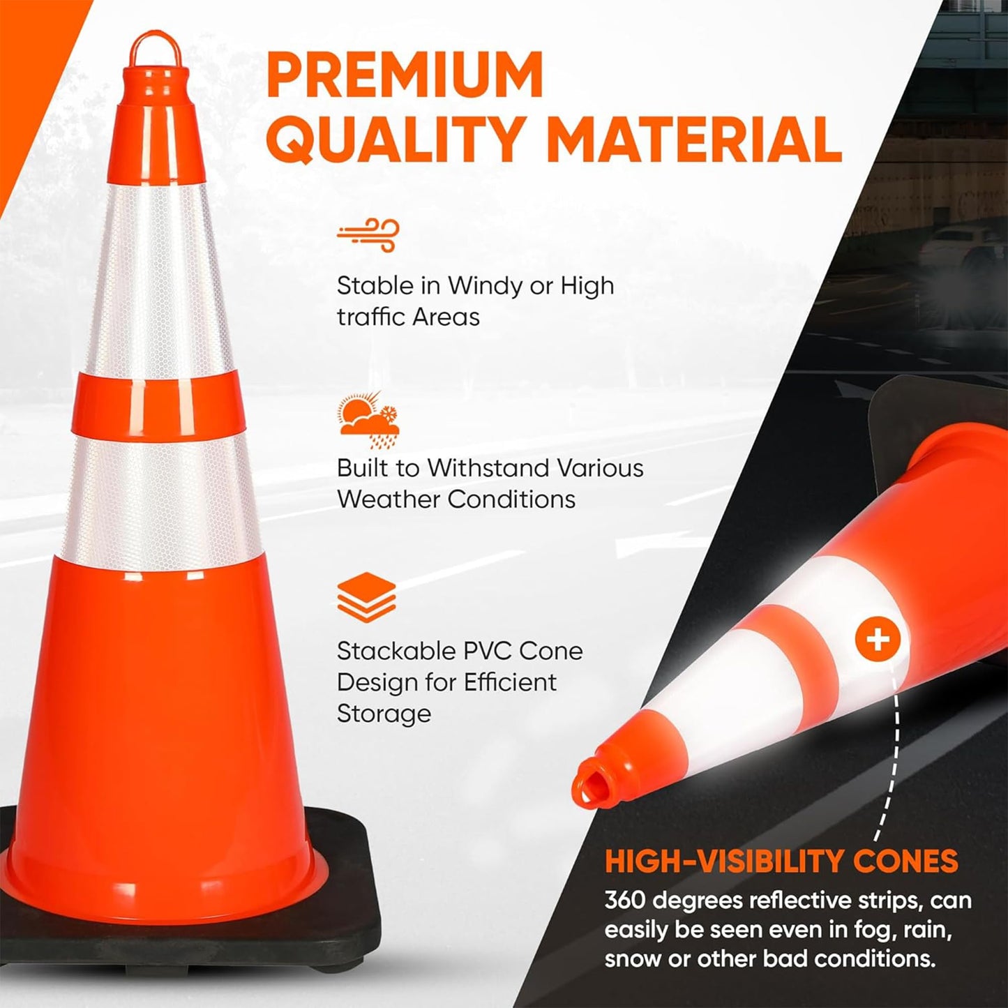 Pyle 28" PVC Traffic Cones, 8-Pack Safety Cones for Parking, Construction, Roadwork, & Sports Training, High-Visibility Orange, Durable, Stackable Design, Heavy-Duty Base for Stability in All Weather