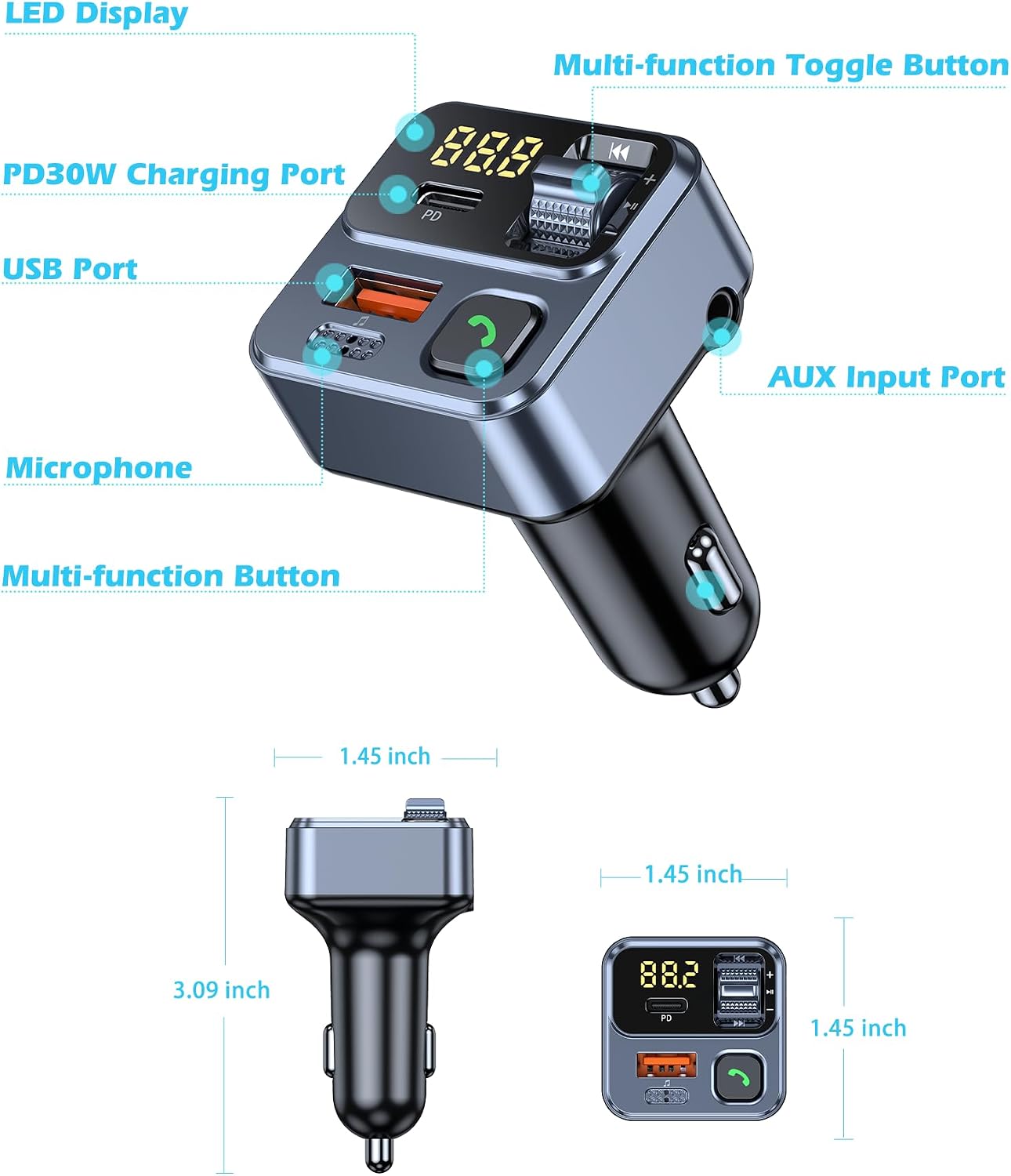 KAIY 42W FM Transmitter Bluetooth Car Adapter, Car Radio Bluetooth Transmitter HandsFree Calling Music Player, FM Radio