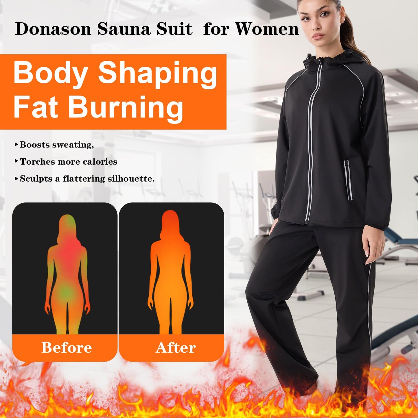 Donason Women's Sauna Suit Sweat Shapewear for Weight Loss Body Shaper with Zipper Heat-Trapping Long Sleeve Tops Workout Pants Durable Gym Fitness Sweatsuits Lightweight Exercise Jacket (Blue)