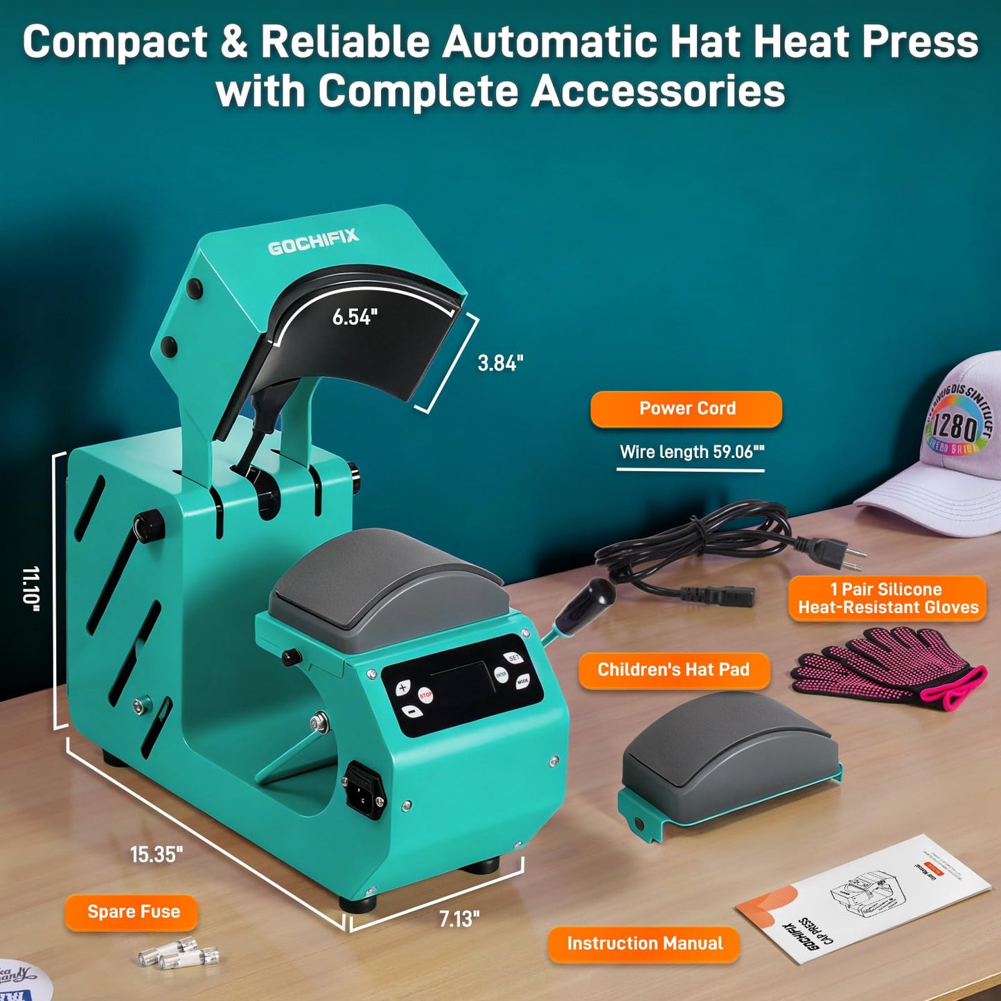 Auto Hat Heat Press Machine, Automatic Open/Release, 4 Memory Modes, Precise Temp/Timer Control, 6.54"x3.84"Curved Heat Plate, Hat Stretcher, for Caps, Sublimation, Vinyl, Heat Transfer
