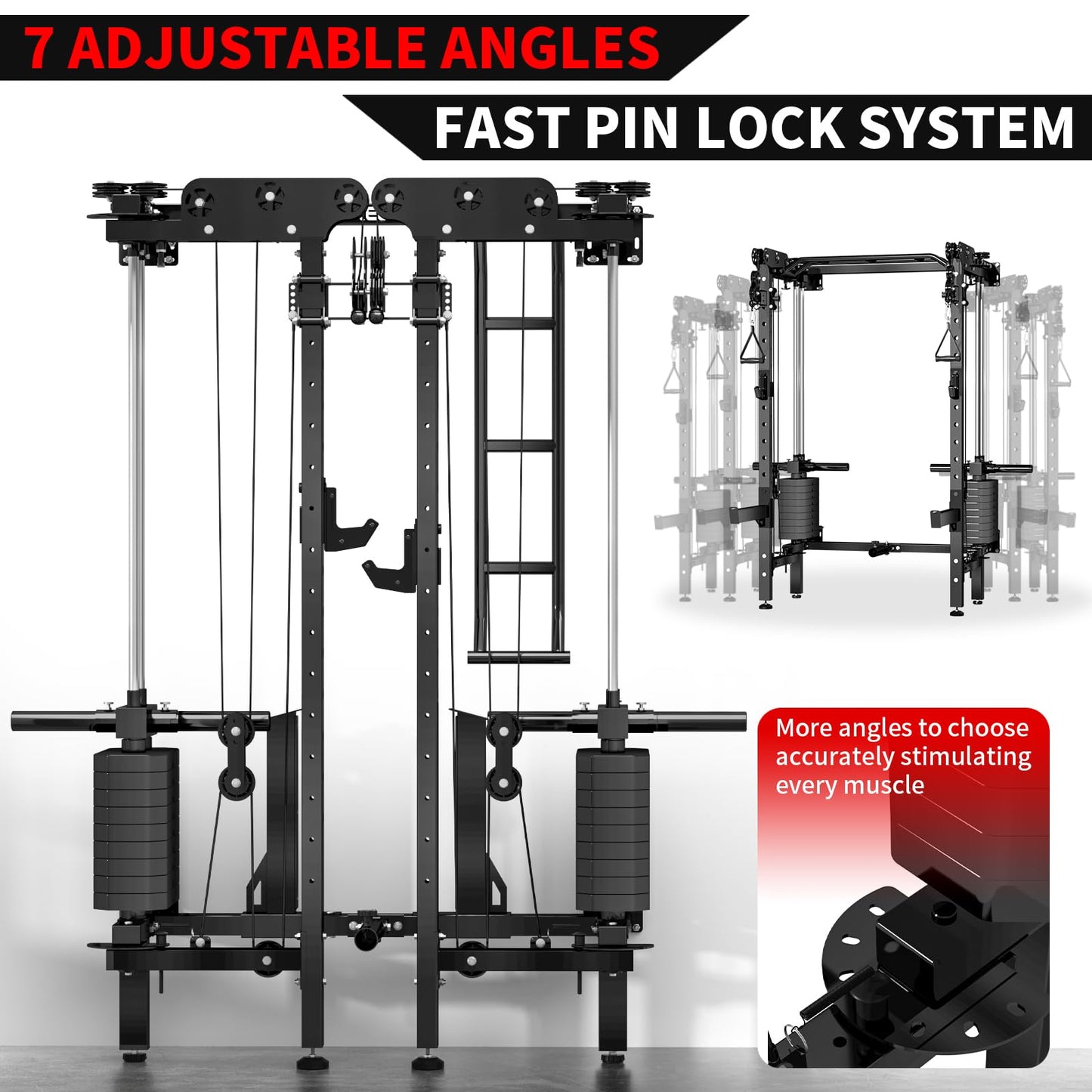 JEEKEE Folding Wall Mounted Power Rack with 180LB Weight Stack, 2400LB 2×3 Heavy Duty Squat Rack, Dual Cable Crossover System 1:1 Ratio, Functional Trainer for Home Gym Small Space,Black