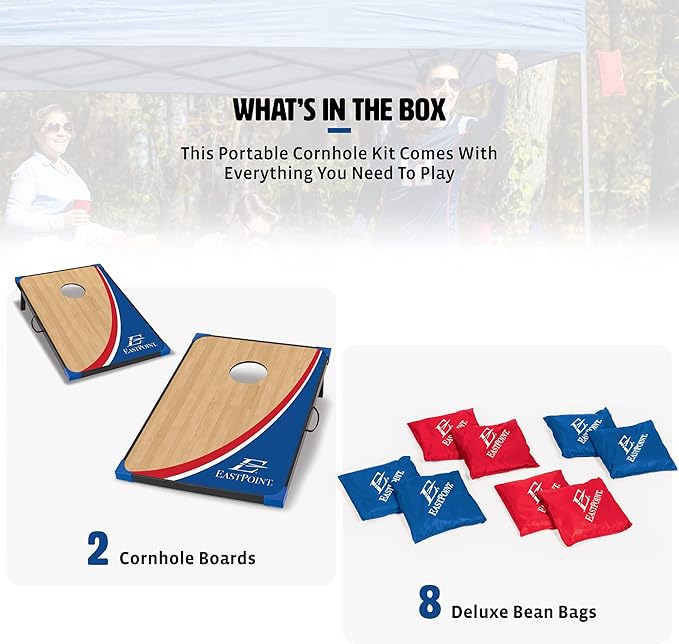 EastPoint Sports Cornhole Game Set Bean Bag Toss MDF - 2' W x 3' L - Built-In Storage, Convenient Carry Handles and 8 Premium Bean Bags