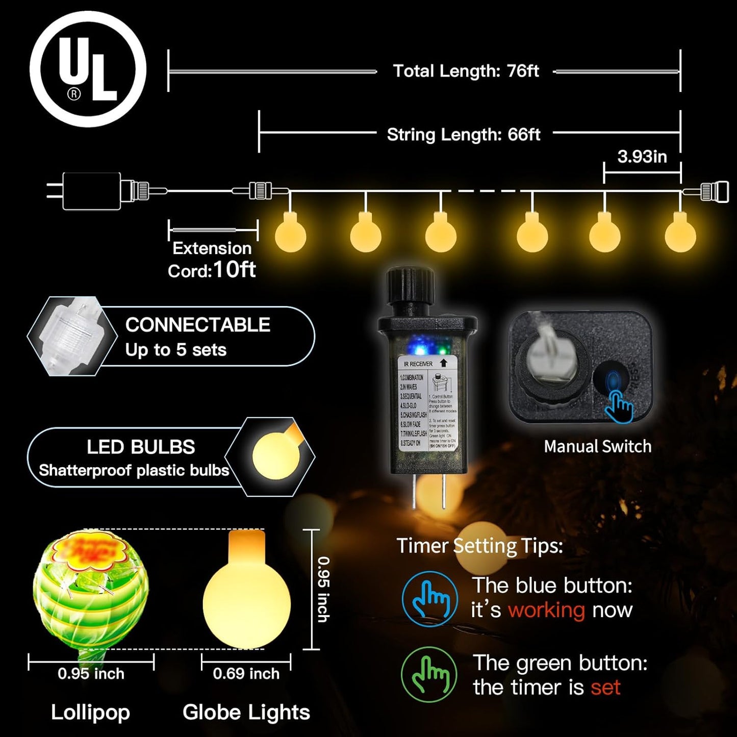 Suddus Globe String Lights - 66ft 200 LED Indoor/Outdoor Fairy Lights with Remote | Warm White