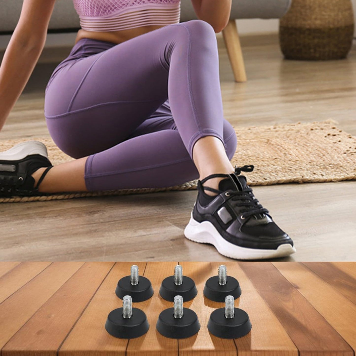 6pcs 3/8" Exercise Bike Foot Pads, Rubber Non-Slip Shock Absorption Pads for Stable Quiet Workouts, Anti-Vibration Leveling Feet with Wavy Grip Texture, Easy Install Replacement Parts, Black