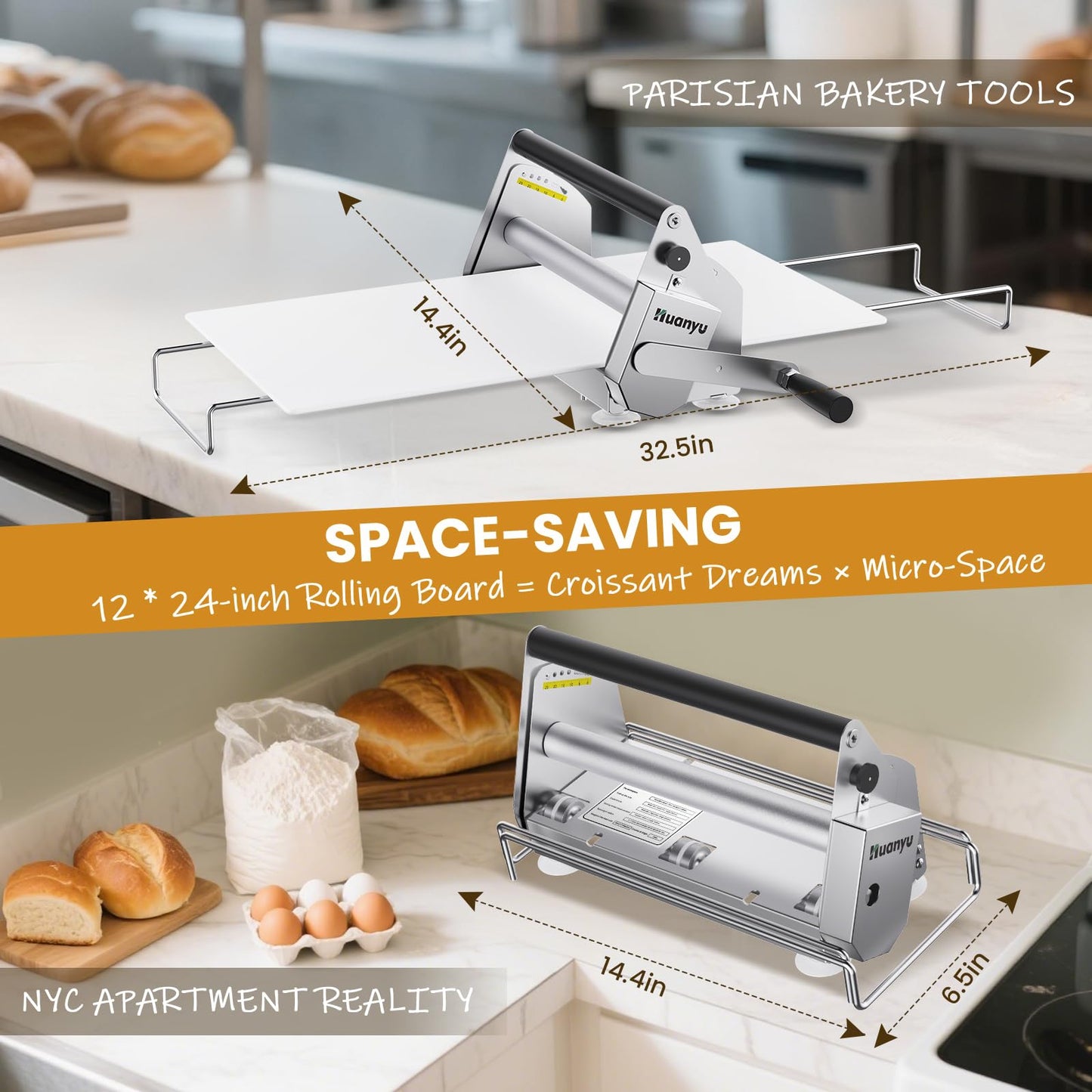 Huanyu Manual Dough Sheeter 12”, 10 Adjustable Thickness 0.1mm-17.5mm, Tool-Free Assembly, for Home Bakers & Small Bakeries, Croissant, Pizza, Pasta, Fondant