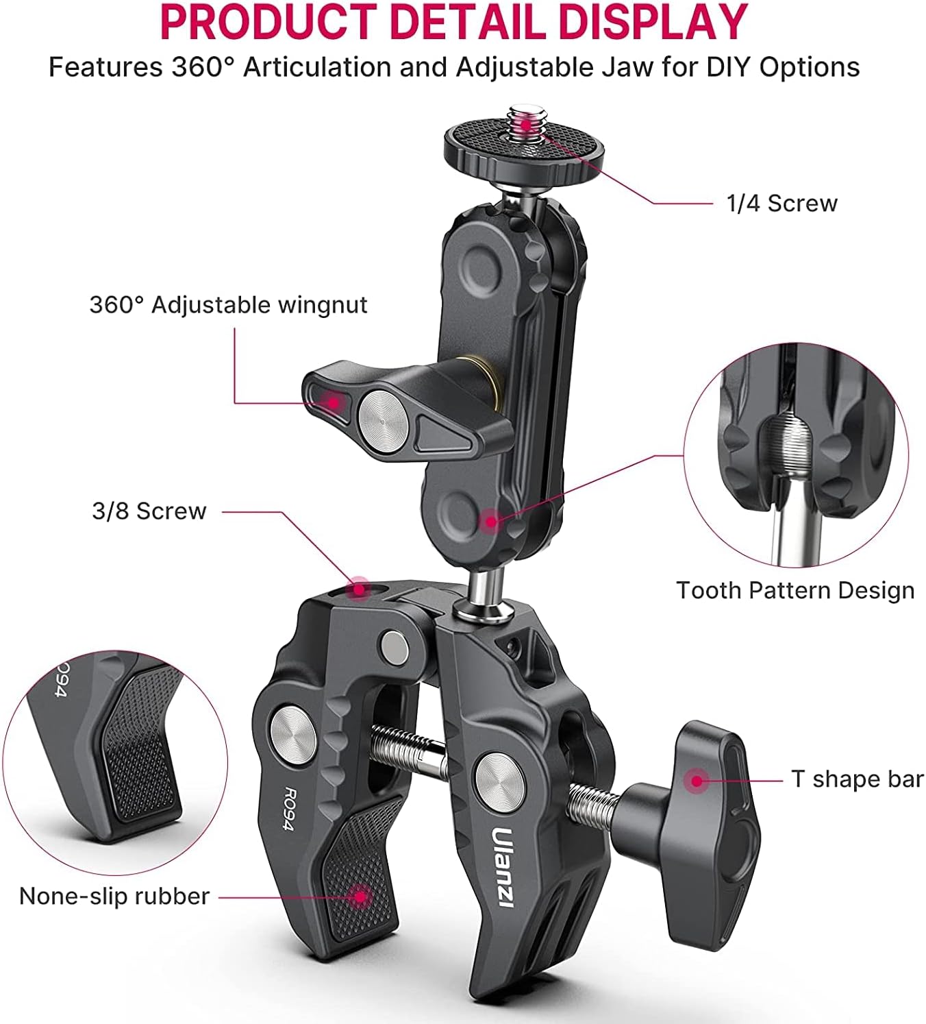 ULANZI 360 1/4"-20 3/8"-16 ST-07 Super Clamp Camera Clamp Mount Monitor Ballhead Magic Arm Double Ball Head Adapter