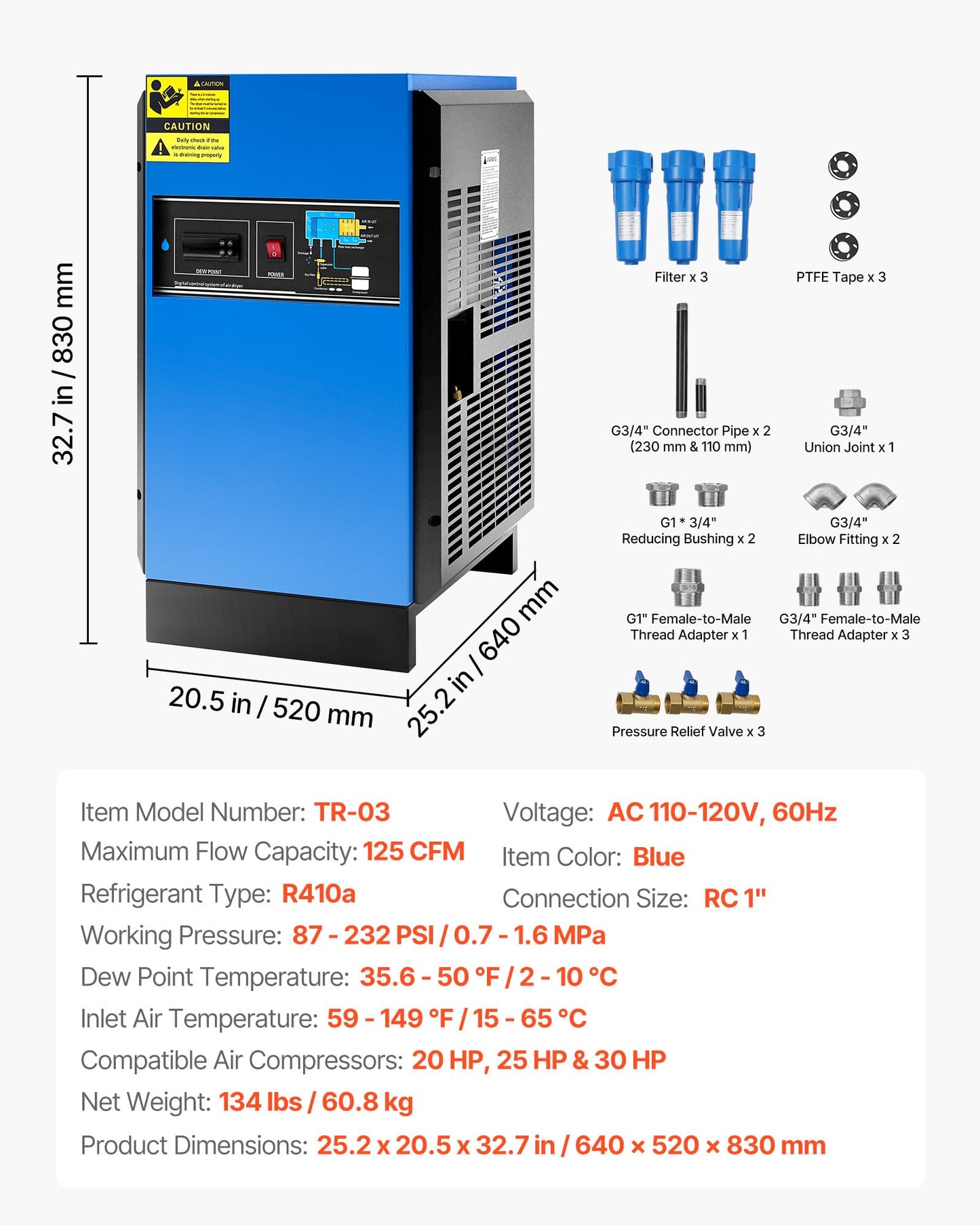 VEVOR Compressed Air Dryer, 125CFM Refrigerated Air Dryer, 110-120V Industrial Refrigerated Air-Drying System for 20HP, 25HP & 30HP Compressors - with Color Screen Control Panel and Automatic Drainage