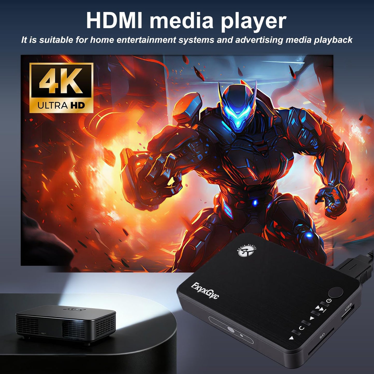 FxyxGyc 4K 4K@30Hz Output,H.265/H.264/AVC MP4/MKV/MP3/AVI/TS/Rmvb/Mov/ISO/JPG HDMI Media Player, Ultra HD Digital Media
