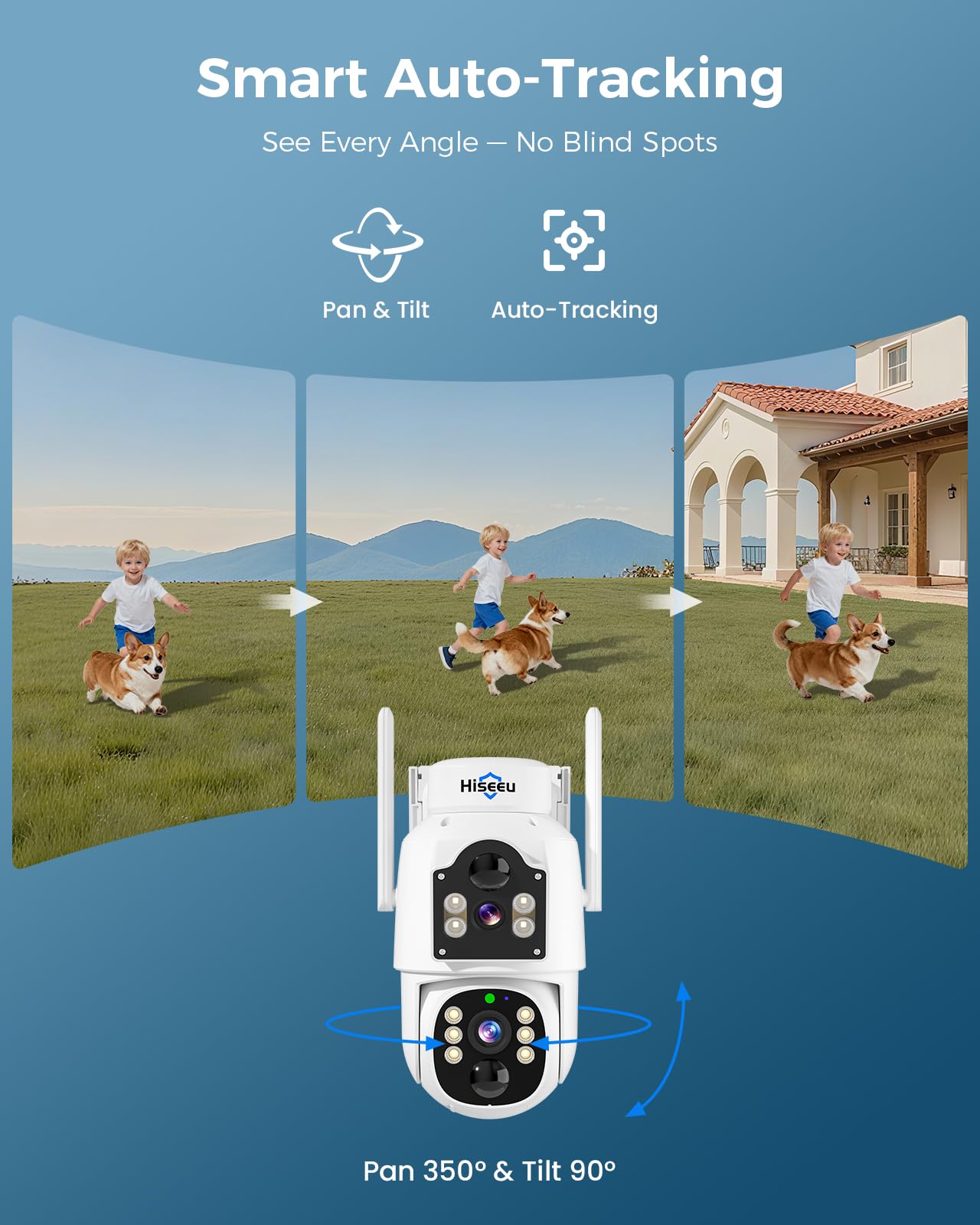 Hiseeu Solar Security Cameras Wireless Outdoor, Auto Tracking Dual-Lens Wireless Cameras for Home Security with 10" Touchscreen, 2.4 & 5GHz WiFi Pro 4 Cam-Kit, 2 Way Audio, 500GB HDD, 0 Monthly Fee