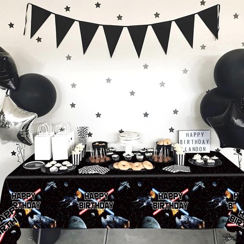 3 Pieces Space Battleship Wars Themed Birthday Party Decorations Tablecloth, Large Size 54 x 108 Inch Rectangular Plastic Table Cloth Star Galaxy Universe Starship for Boys Kids Party Decorations