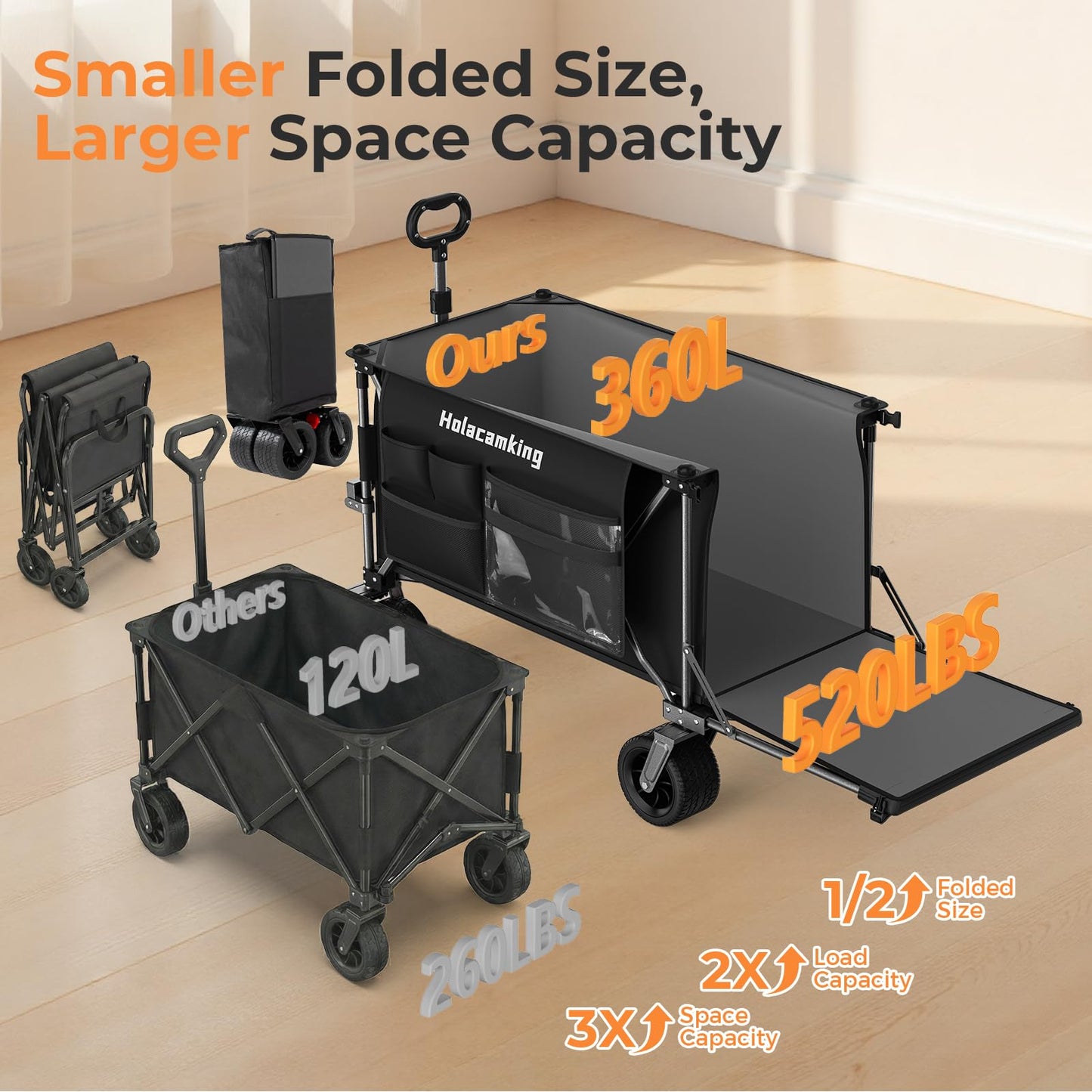 Holacamking 58”L Extender Collapsible Wagon, Extra Long Foldable Wagon Cart with Extended Tailgate, Heavy Duty Rolling Utility Cart with All-Terrain Big Wheels for Shopping Sports Beach, Black