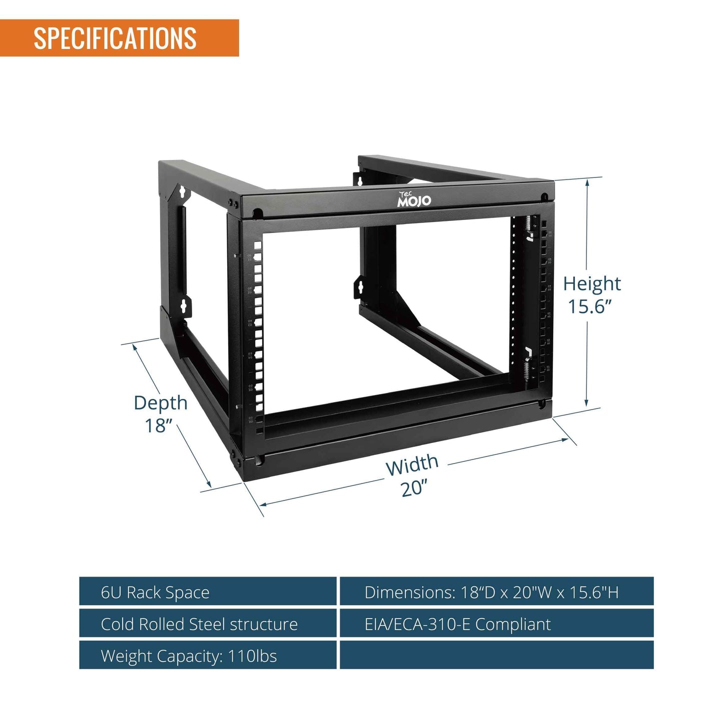 Tecmojo 6U x 19" x 18" Black Alloy Steel Wall Mount Server Rack with Swing Gate & 2U Lockable Drawer, 110lbs Load Capacity