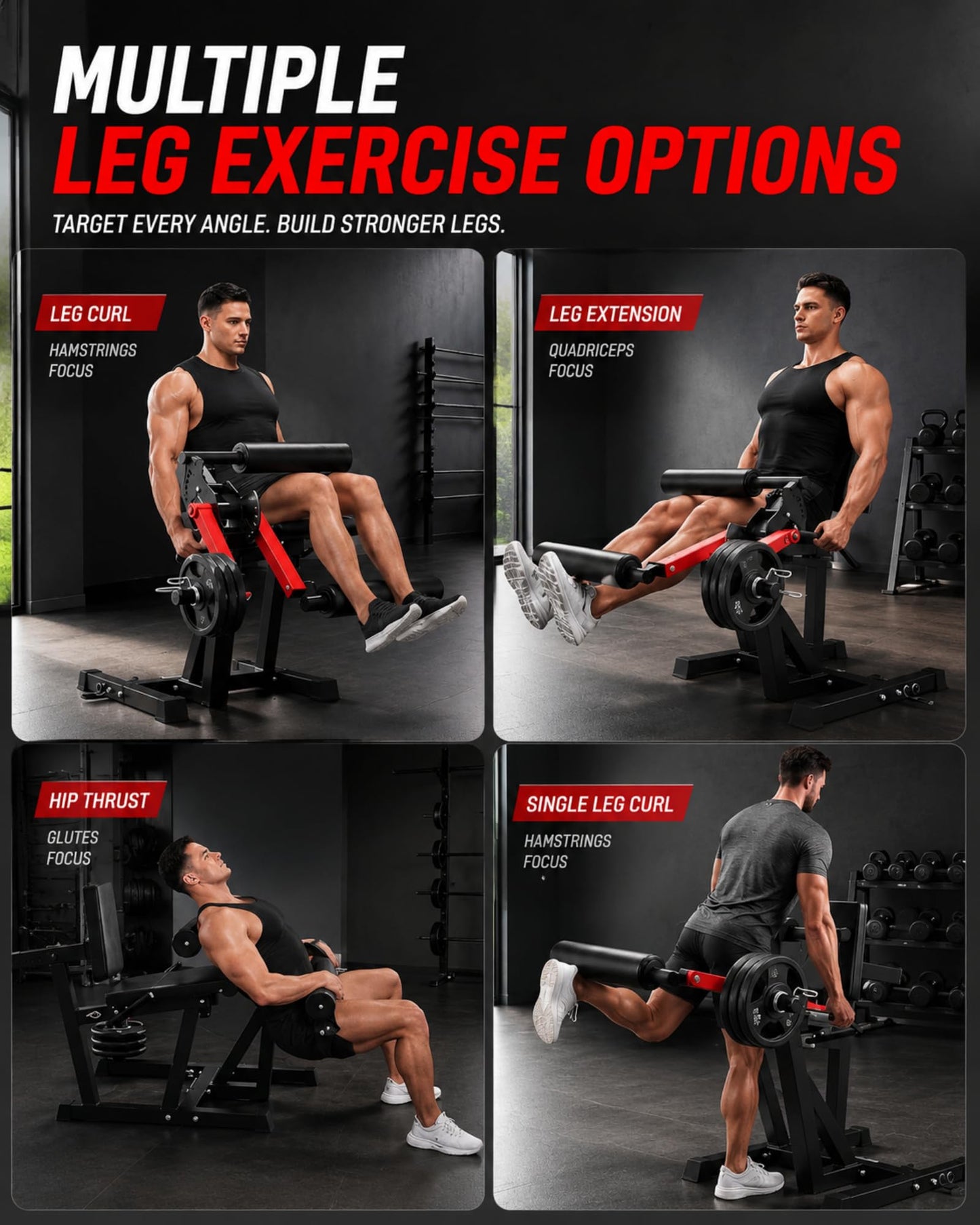 Leg Extension and Curl Machine, 4-in-1 Leg Developer & Hip Thrust Machine for Home Gym, Seated & Single Leg Curl, Plate Loaded Lower Body Strength Equipment, Fits 1" & 2" Plates, 700LBS