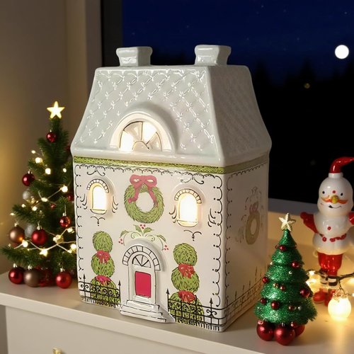 Cynkeyee Christmas House Décor - 6-Inch White Ceramic Village with Lights for Indoor Tabletop Display