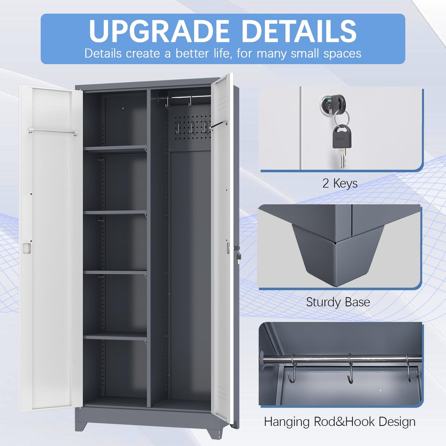 IRONFFICE Metal Storage Cabinets with Doors and Shelves,Tall Broom Closet Storage Cabinet with Pegboard,Utility Tool Cabinets,Steel Locking Cabinets for Home Office,Basement,Laundry,Grey-White