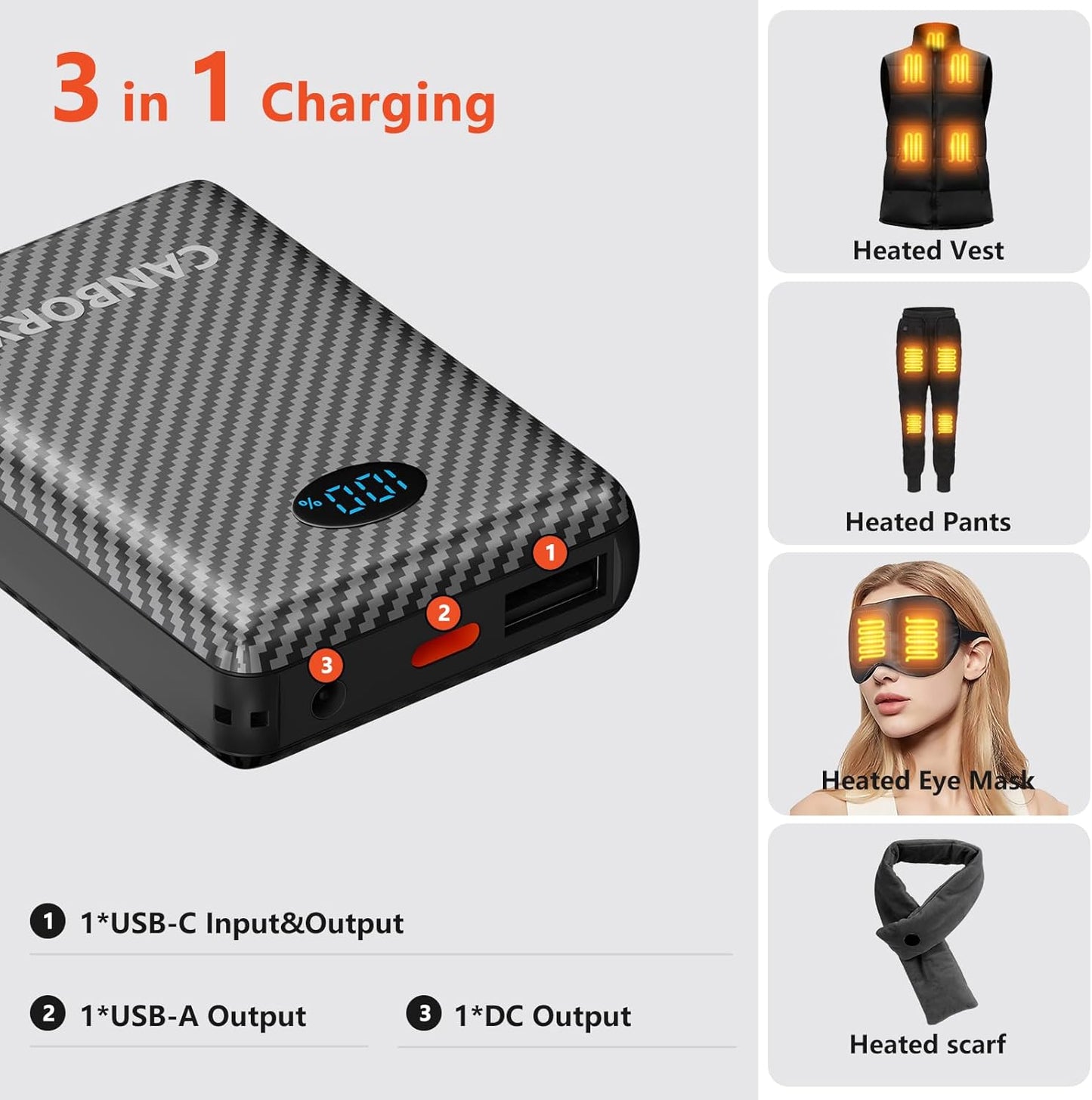 CANBORY 5V 2A/3A Pack 12000mAh 7.4V Battery for Heated Vest Heated Jacket, Power Bank for Heated Apparel with LED