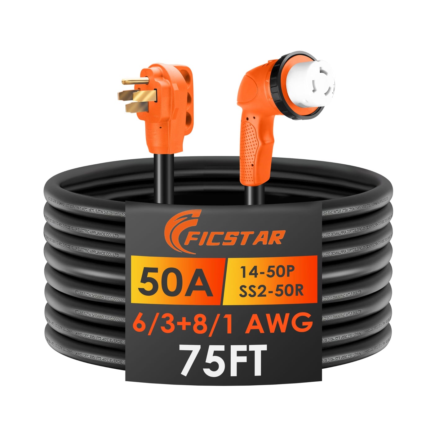 50 Amp RV Extension Cord 75 ft, Heavy Duty 6/3+8/1 SJTW AWG RV Power Cord with Grip Handle Twist Lock, NEMA 14-50P to SS2-50R with LED Indicator