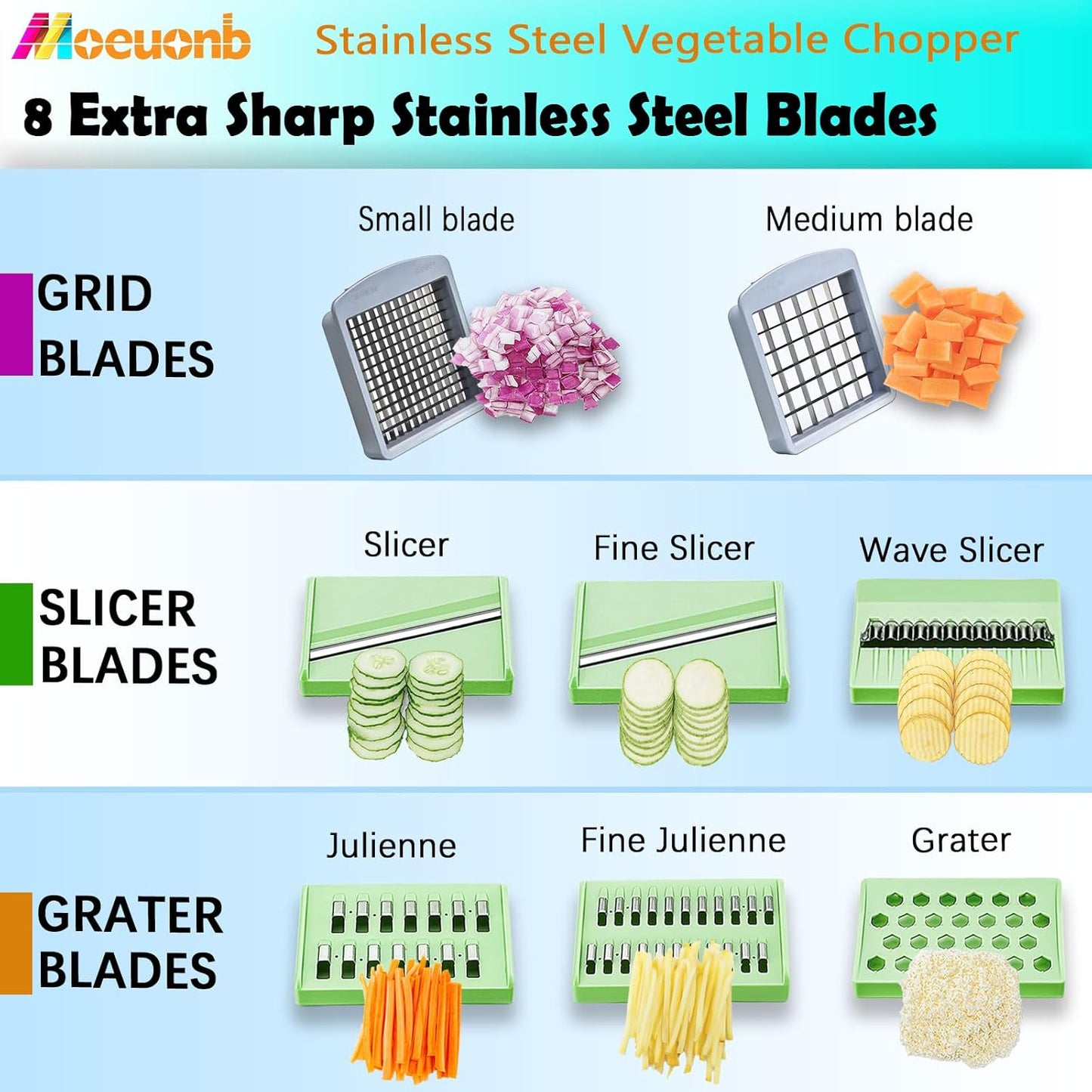 Skiennix All-in-1 Vegetable Chopper - 8 Blade Mandoline Slicer with Container | Stainless Steel Design