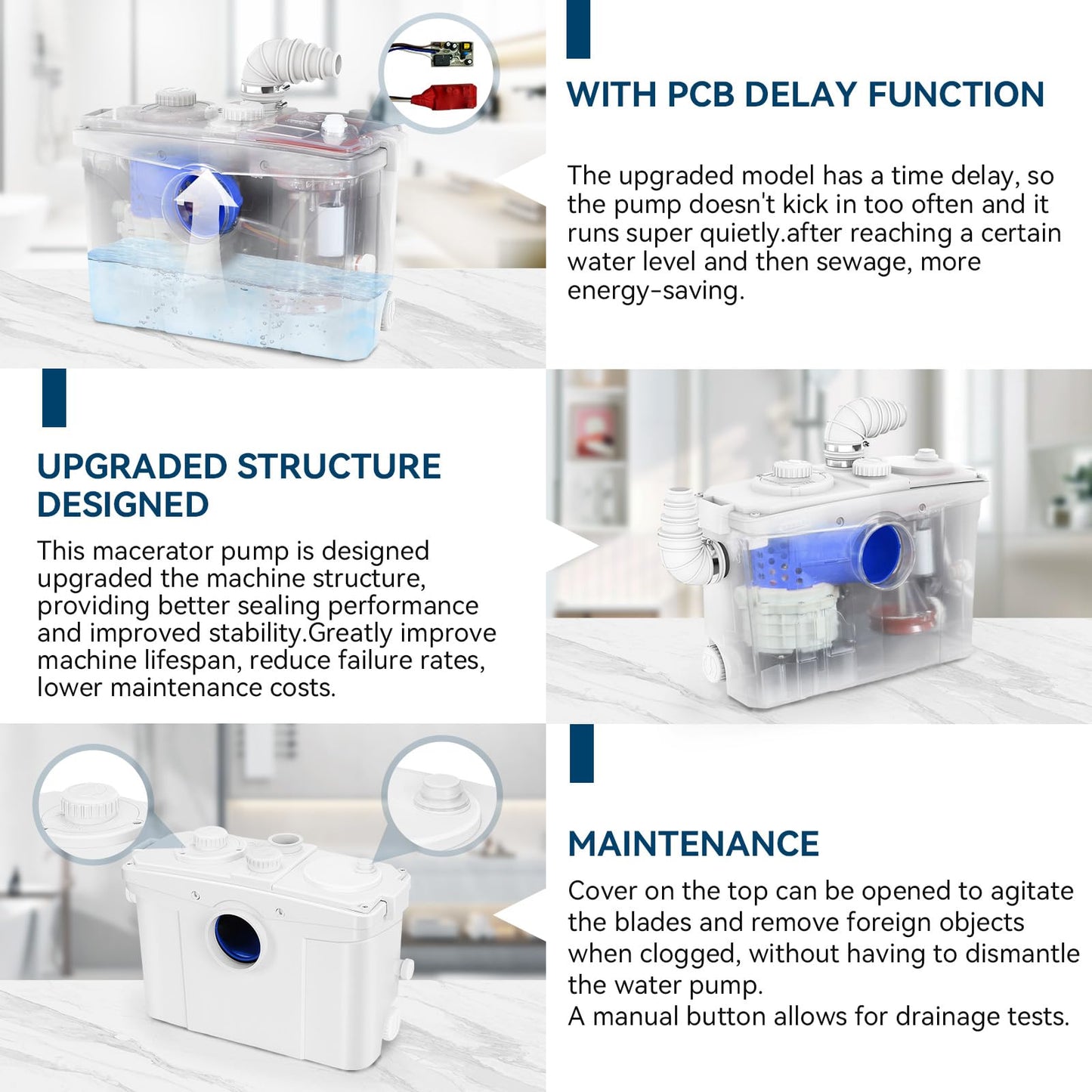 1200W Macerator Pump with PCB Function Toilet Pump Utility Sink Pump Upflush to 39.4FT 2800GPH Macerating Toilet System with 4 Water Inlets 2 Outlets for Toilet Sink Shower Laundry Kitchen Basement