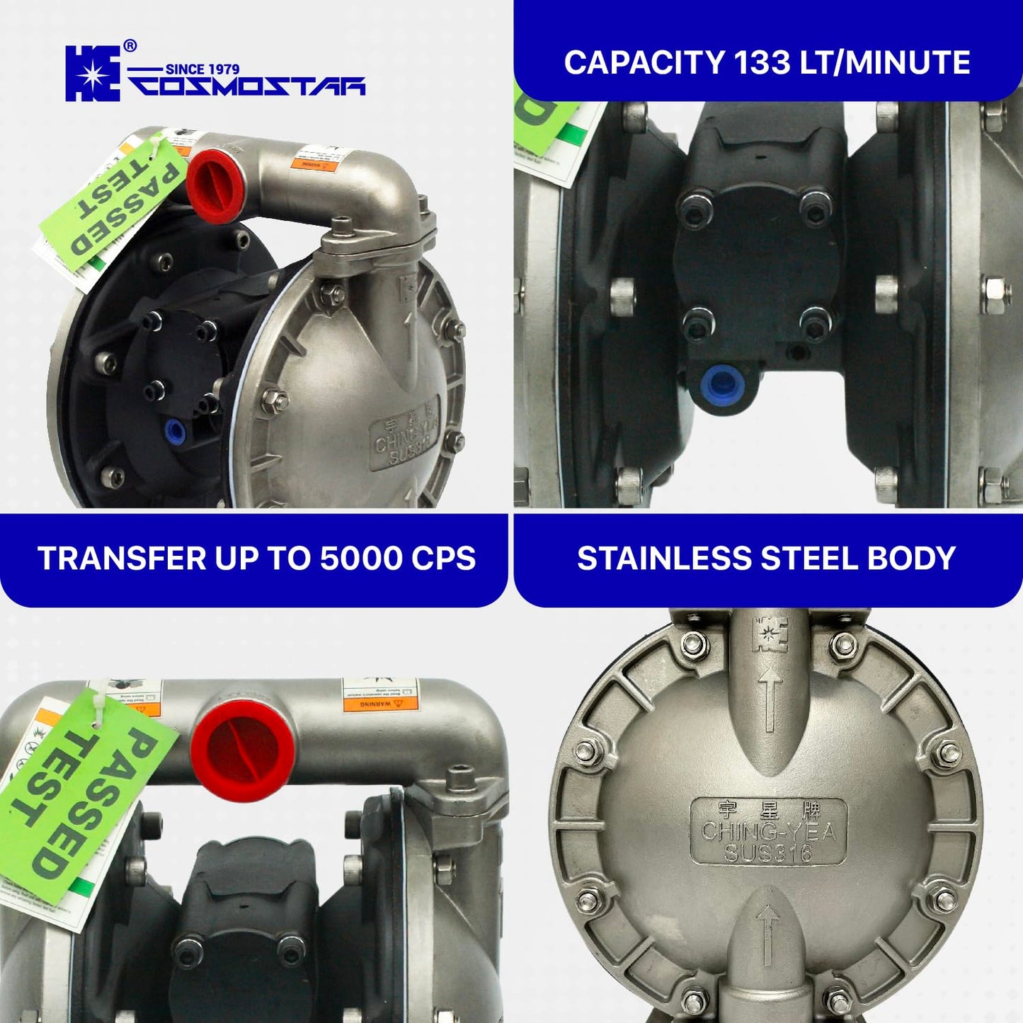 COSMOSTAR D0306 1" Stainless Steel Double Air Diaphragm Pump, Aluminum Body, Teflon Ball, seat and Diaphragm, Pump Muffler, Pump, Chemical Pump, Waste Oil Pump, Pneumatic Oil Pump, Diaphragm Pumps