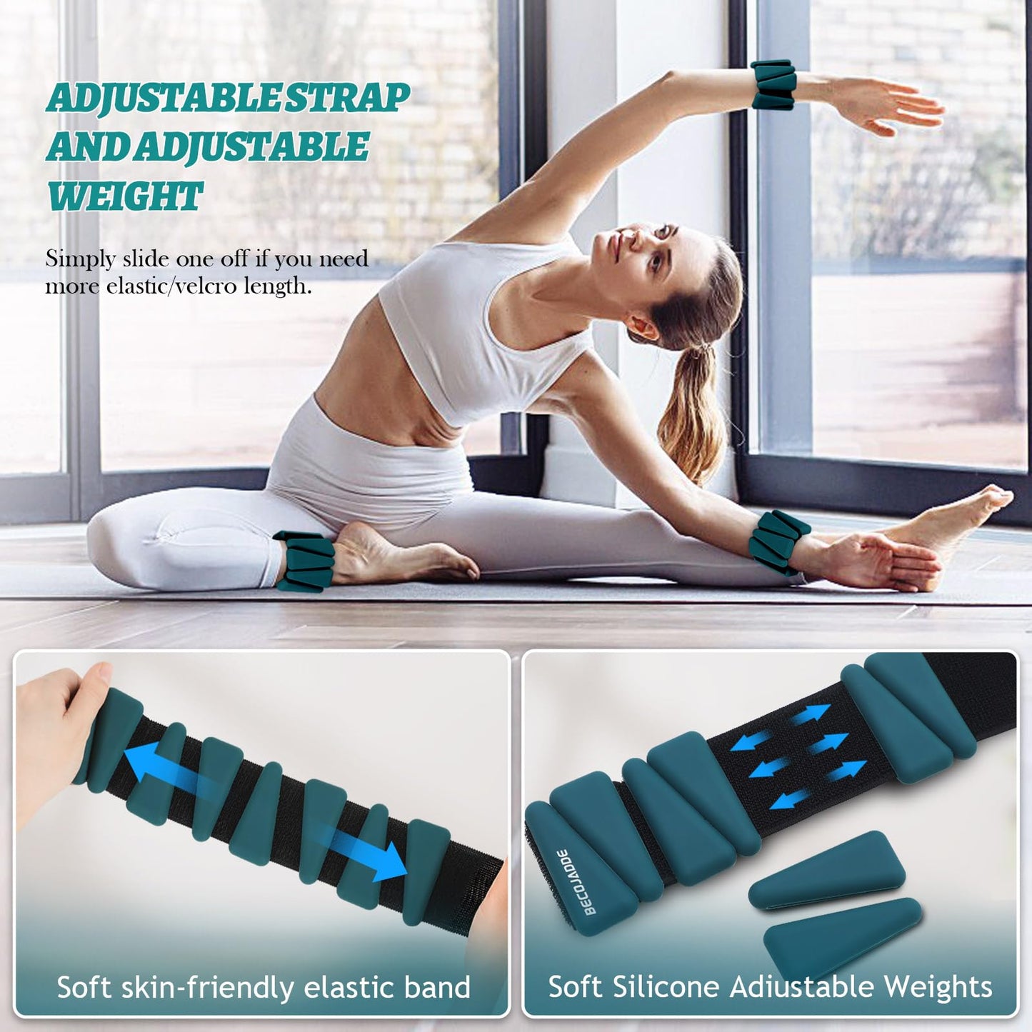 BECOJADDE Ankle Weights Set of 2 (1 lb Each) Adjustable Wrist Weights for Women Men Wearable Arm Leg Weight for Pilates, Running, Walking, Workout, Yoga, Deep Emerald