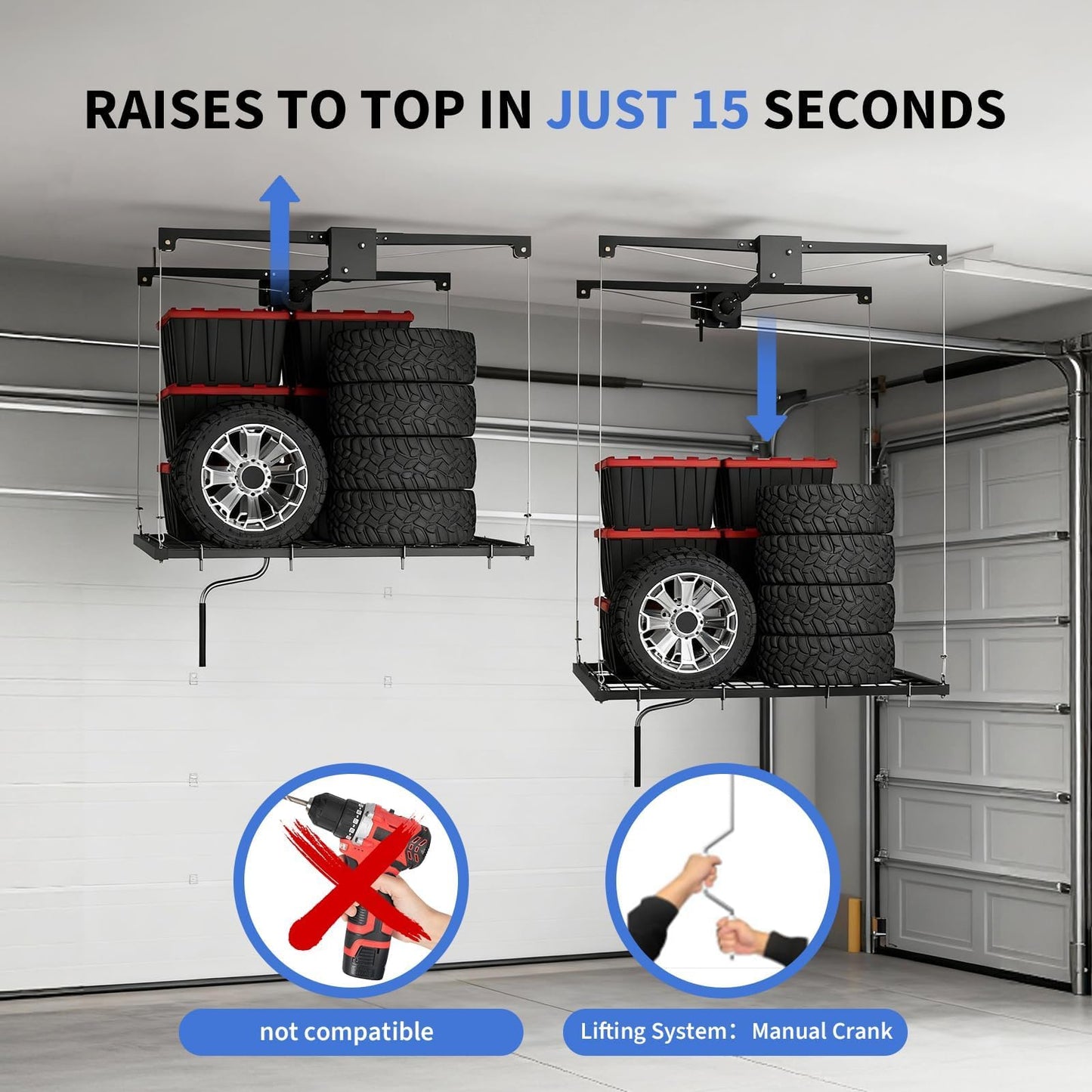 Patikuin Garage Ceiling Storage Rack,Storage Elevator for Garage,4x4 ft Overhead Lift Storage with 350 Lb Capacity,Smooth Crank System, Space-Saving Design for Garage Organization