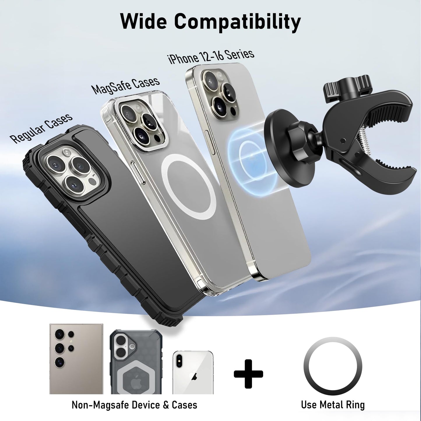 Magnetic Phone Holder Clamp Mount – 20 x N52 Strong Magnet Mount for Gym, Spin Bike (Fits Peloton), Treadmill, Stroller, Golf Cart, Shopping Cart – Compatible with Mag-Safe iPhone 12-17 Series