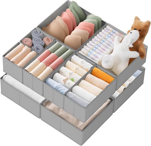 Criusia Drawer Organizer - 10 Pack Dresser Storage Bins for Baby Clothes & Underwear | Foldable Grey Dividers
