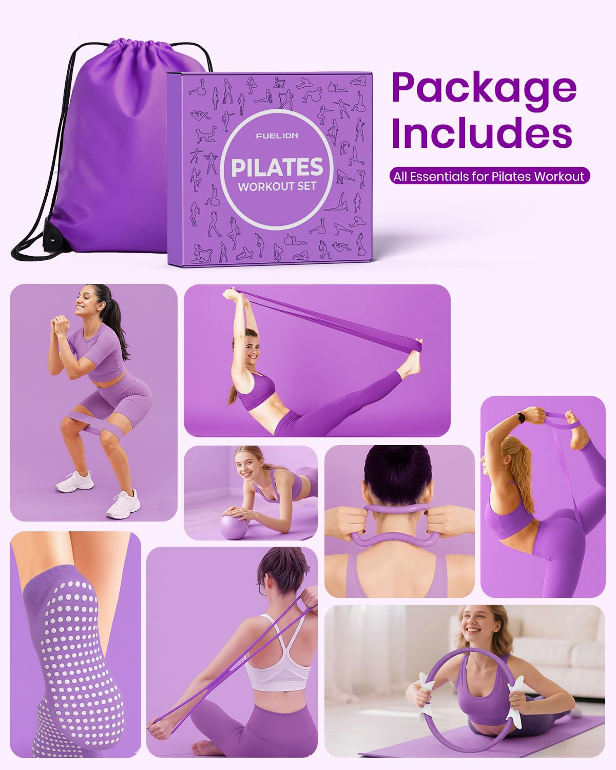 Fuelion Pilates Ring Set for Women, Home Workout Pilates Equipment with Resistance Bands, 14'' Magic Circle, Mini Ball, Pilates Starter Kit for Strength, Toning and Flexibility (Purple, Medium-Level2)