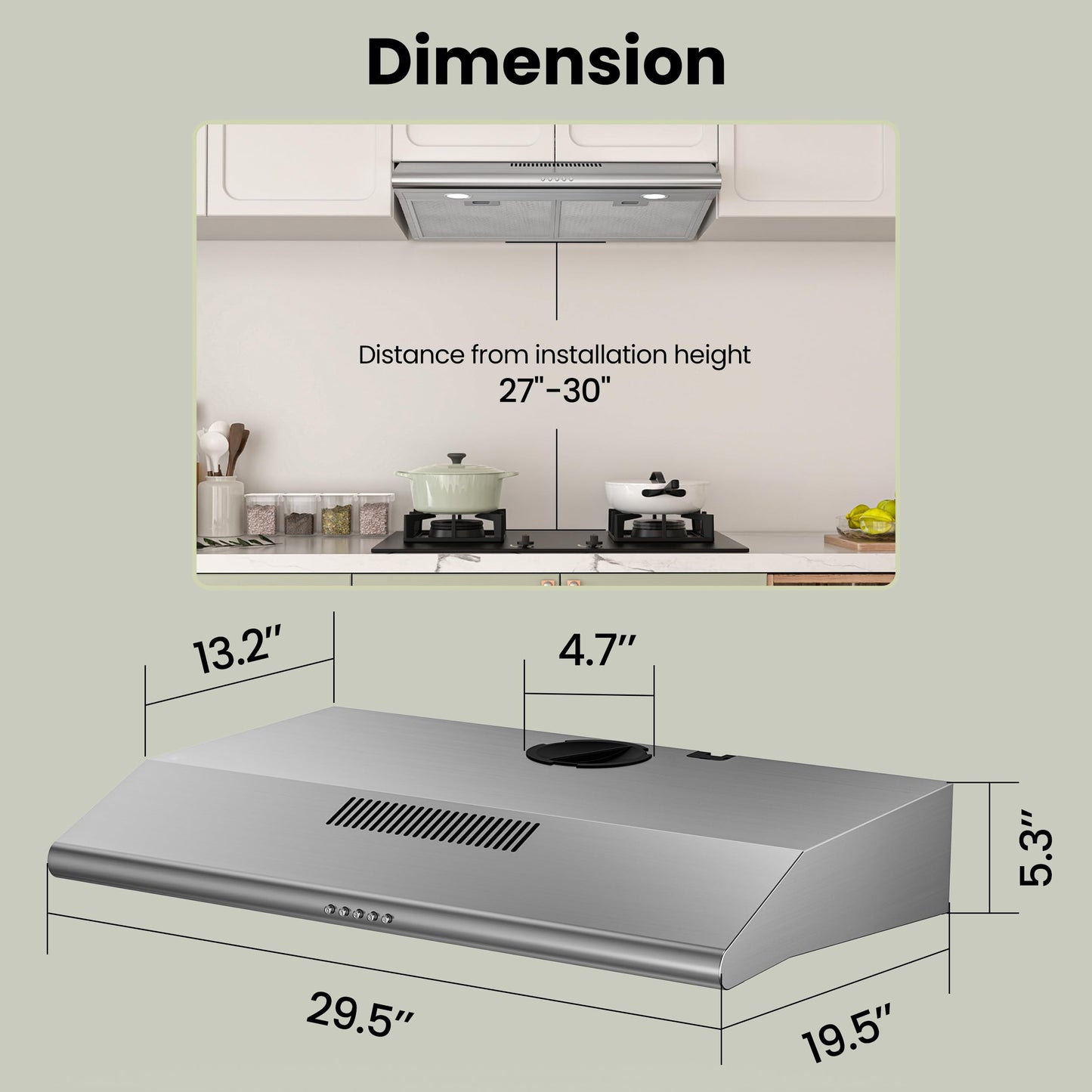 FIREGAS 30 Inch Under Cabinet Range Hood, 300 CFM Ducted/Ductless Kitchen Vent Hood Over Stove, 3-Speed Exhaust Fan with LED Light, Reusable Filter & Charcoal Filter, Stainless Steel