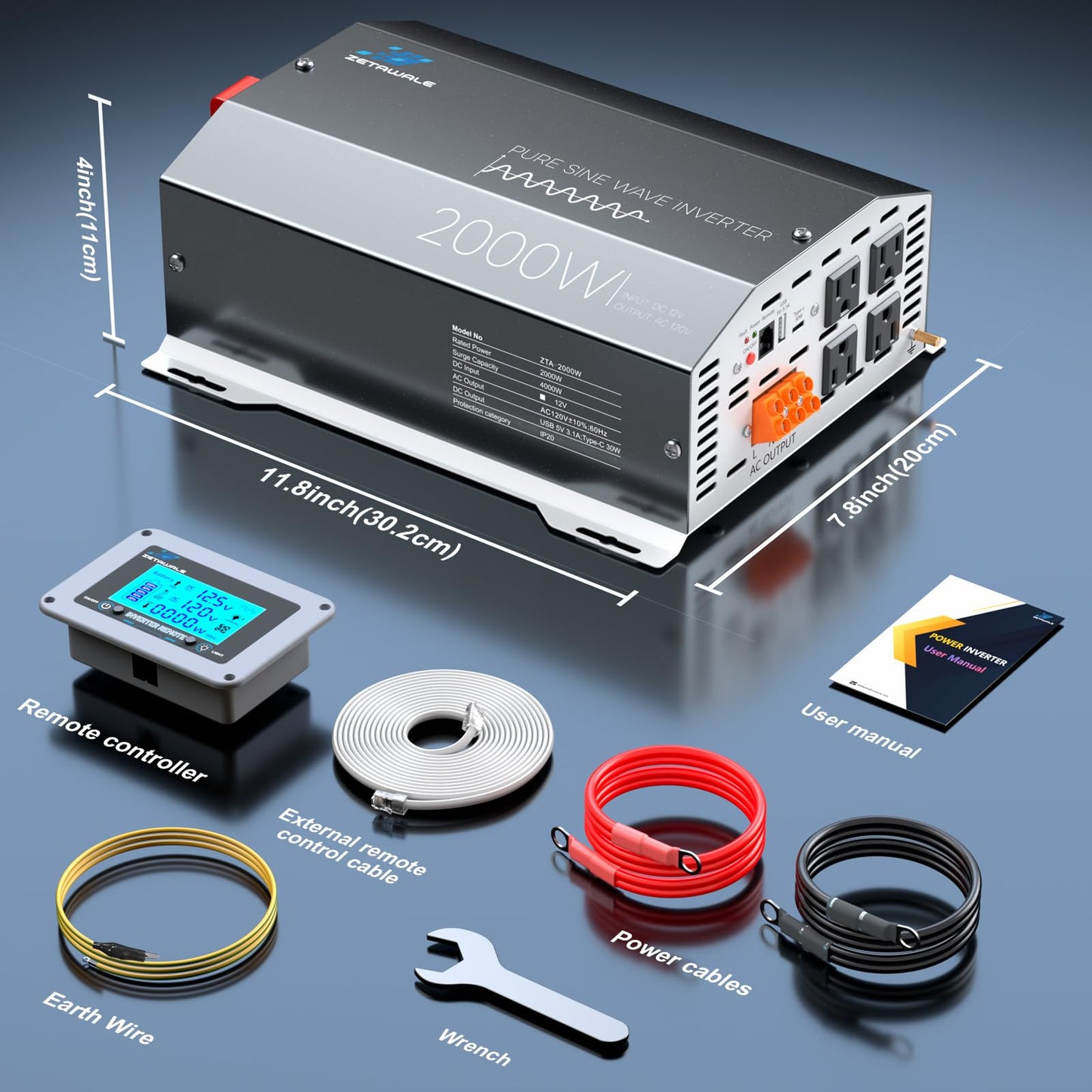 2000 Watts Pure Sine Wave Inverter 12V DC to 110V/120V AC Converter, 4000W Peak, LCD Remote Control, 4 AC Outlets, USB & Type-C – for RV, Truck, Off-Grid Solar, Emergency Power Backup