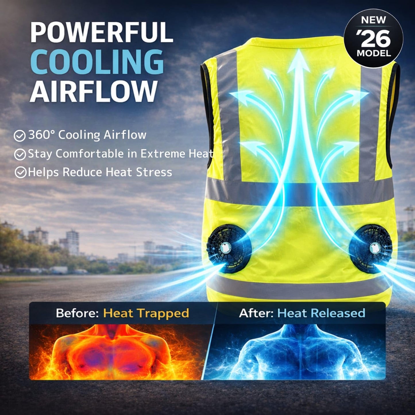 POLAR QUEST SHOP Hi-Vis Cooling Fan Safety Vest (Titanium Coated) | Reflective Work Vest with Fans & Battery, UV Protection, Water-Resistant Outdoor Work