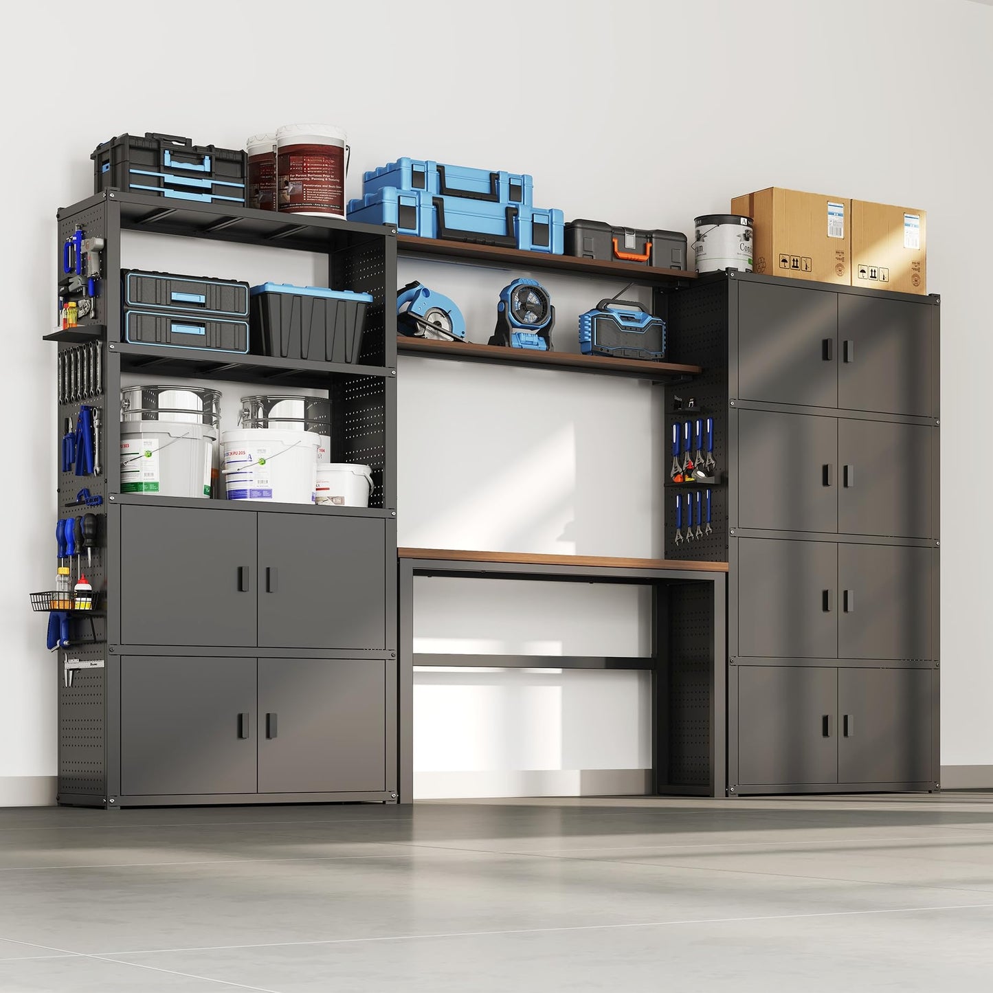 FLEXIMOUNTS Garage Storage Cabinet System, 3-in-1 Modular Metal Tool Cabinet w/ Workbench and Metal Board Shelf Includes Pegboard, 24-Gauge Steel, 117"(L) w/ 6 Doors, Black, FLEXIMOD Series