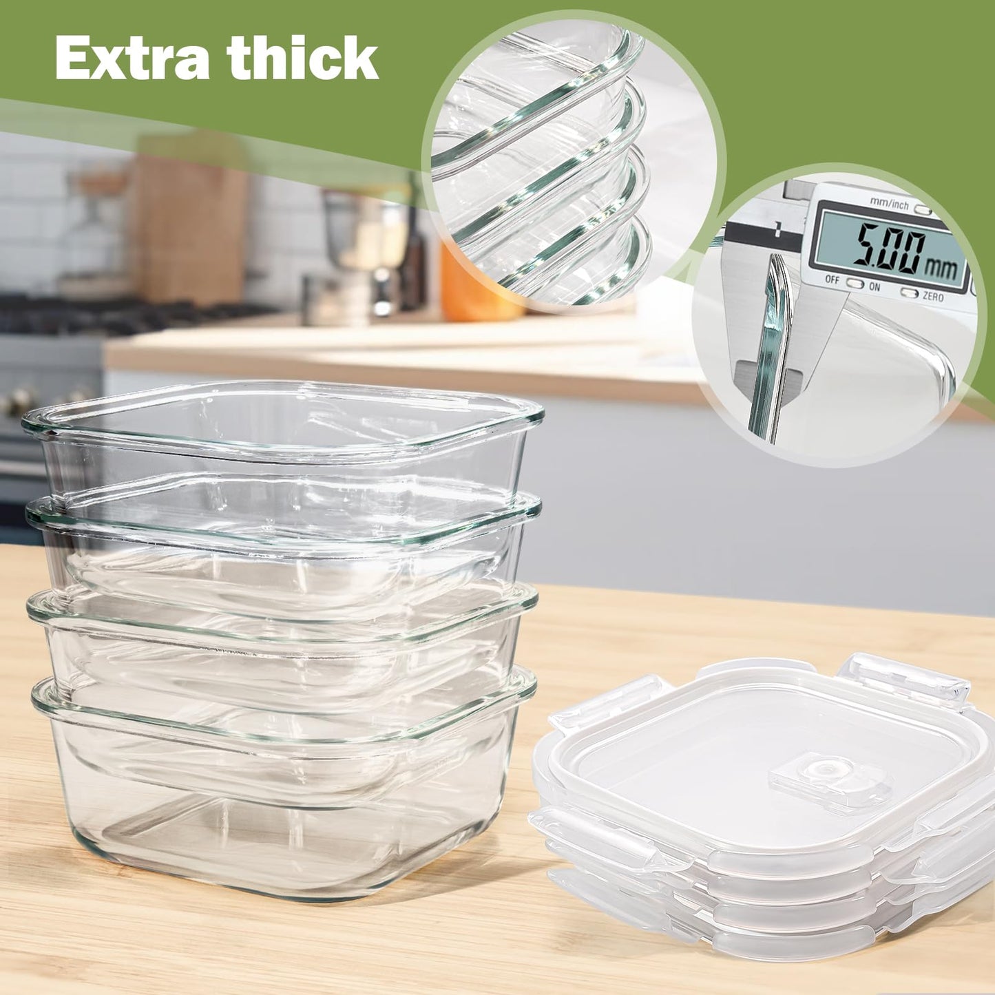 Susukkie Square Glass Containers with Lids 24oz - Borosilicate Glass Food Storage Set 3 Cup, Freezer Safe Meal Prep Containers, Sandwich Lunch Box, Yogurt Cereal Bowls with Vented Lids BPA Free 4 Pack